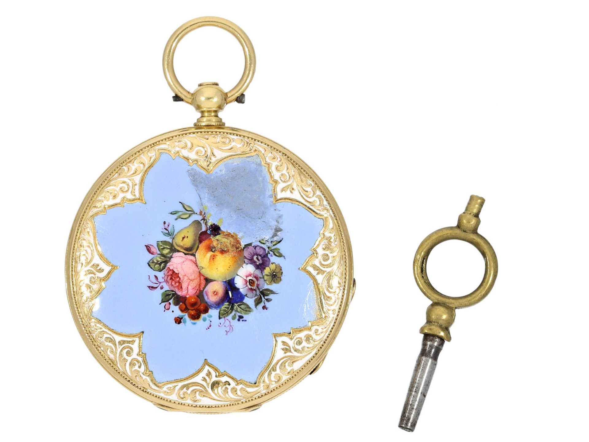 Taschenuhr: seltene Gold/Emaille-Lepine, Junod Freres No. 6320, ca. 1850 Ca. Ø35mm, ca. 24g, 18K