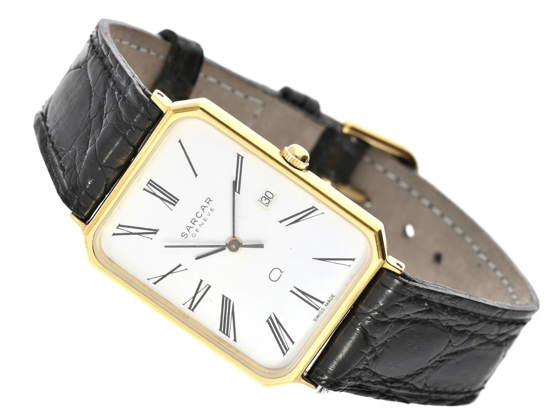 Armbanduhr: elegante goldene Herrenuhr der Marke "Sarcar", ungetragen, new-old-stock Ca. 32 ×