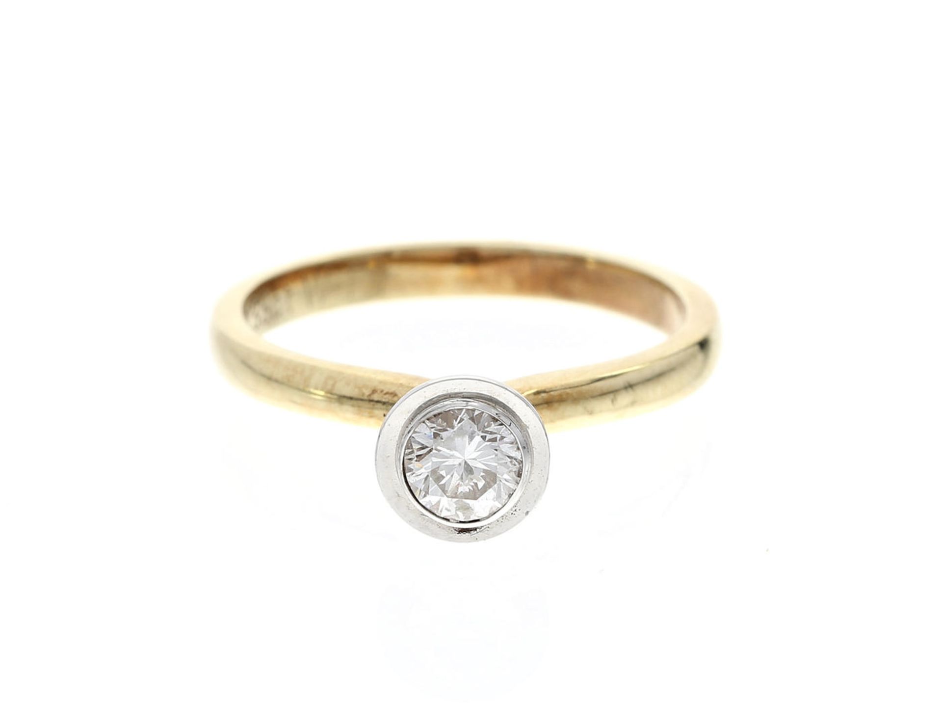 Ring: feiner Designer-Solitär/Brillantring, 0,33ct Ca. Ø17mm, RG53, ca. 3,1g, 14K Gold, sehr erhaben