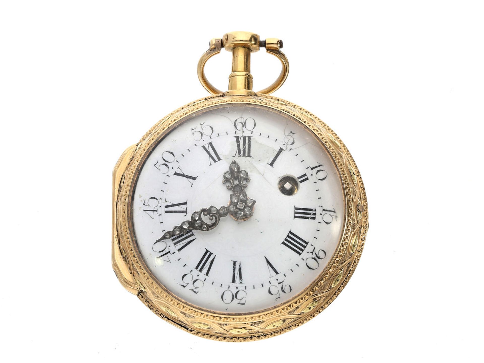 Taschenuhr: feine 4-Farben-Goldspindeluhr, Frankreich um 1775, Dechevaux a Caen No.177 Ca. Ø40mm, - Bild 3 aus 3