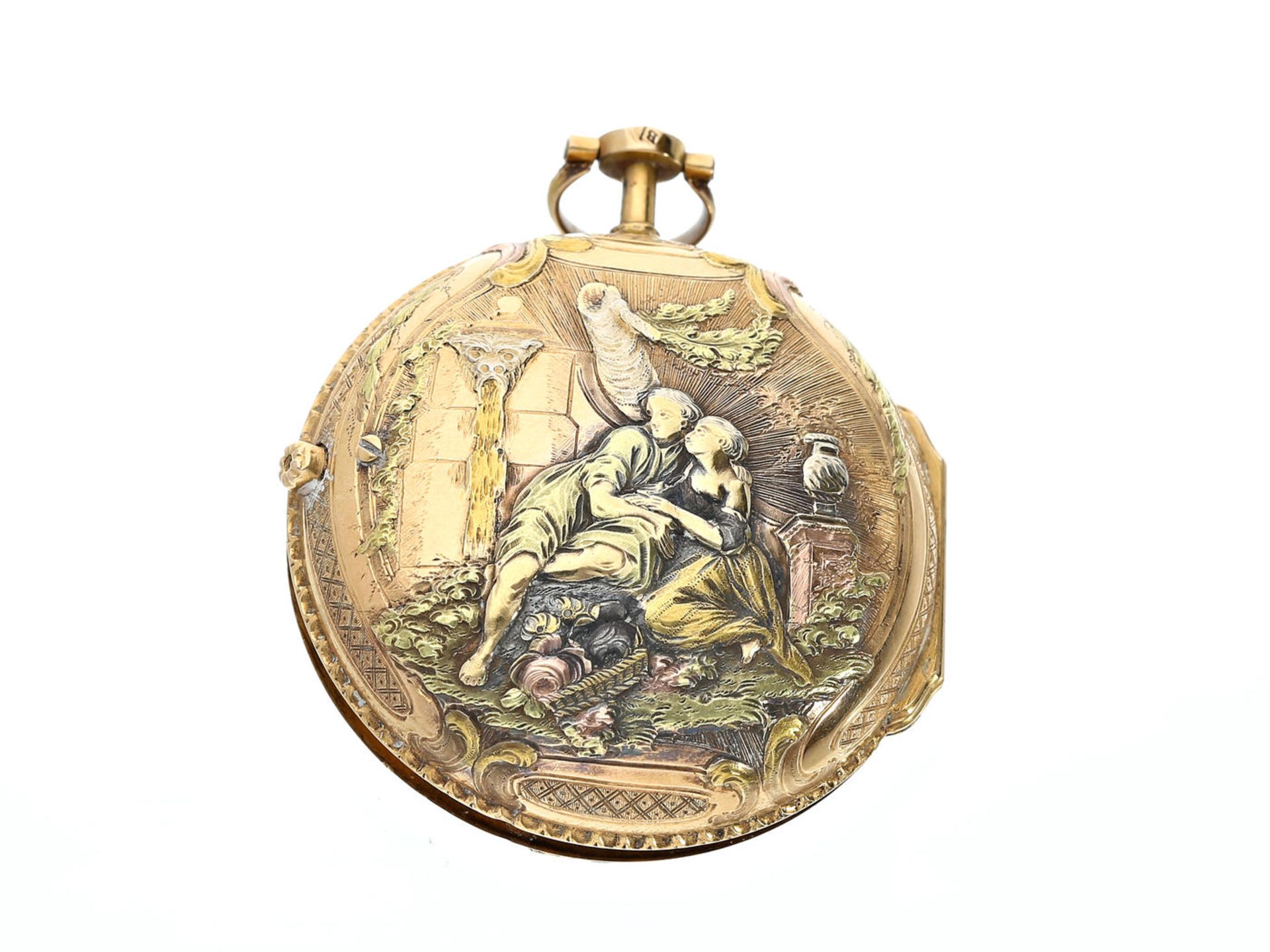 Taschenuhr: prächtige, italienische 4-Farben-Gold-Spindeluhr mit aufwändiger Relief-Szene und - Bild 3 aus 4