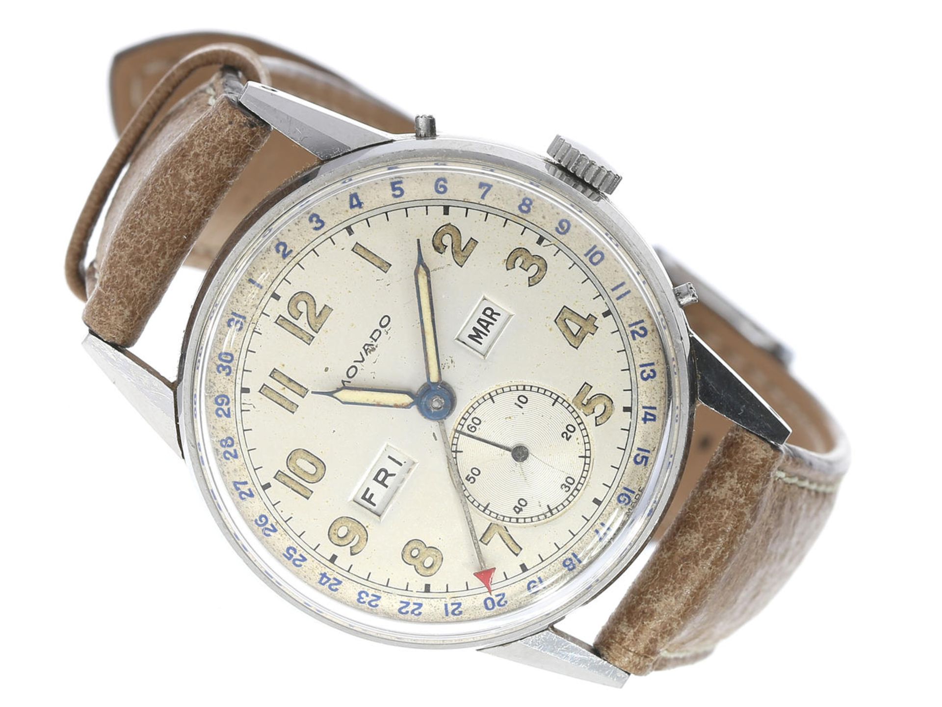 Armbanduhr: seltene Movado Kalenderuhr in Stahl, ca. 1950 Ca. Ø32mm, Edelstahl, Druckboden, Ref.