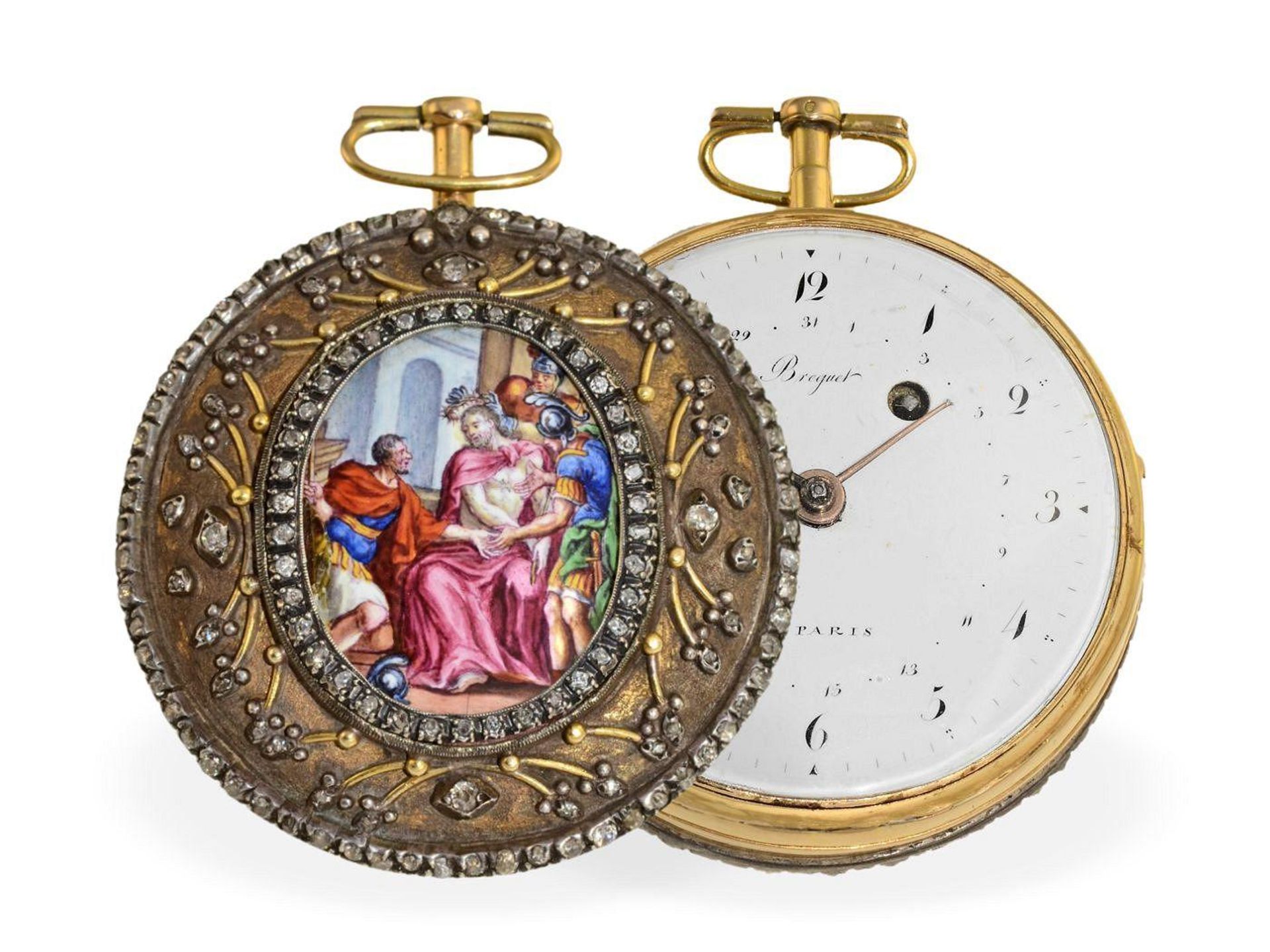 Taschenuhr: große, äußerst seltene Gold/Emaille-Uhr mit Diamantbesatz und Datumsanzeige, Emaille-