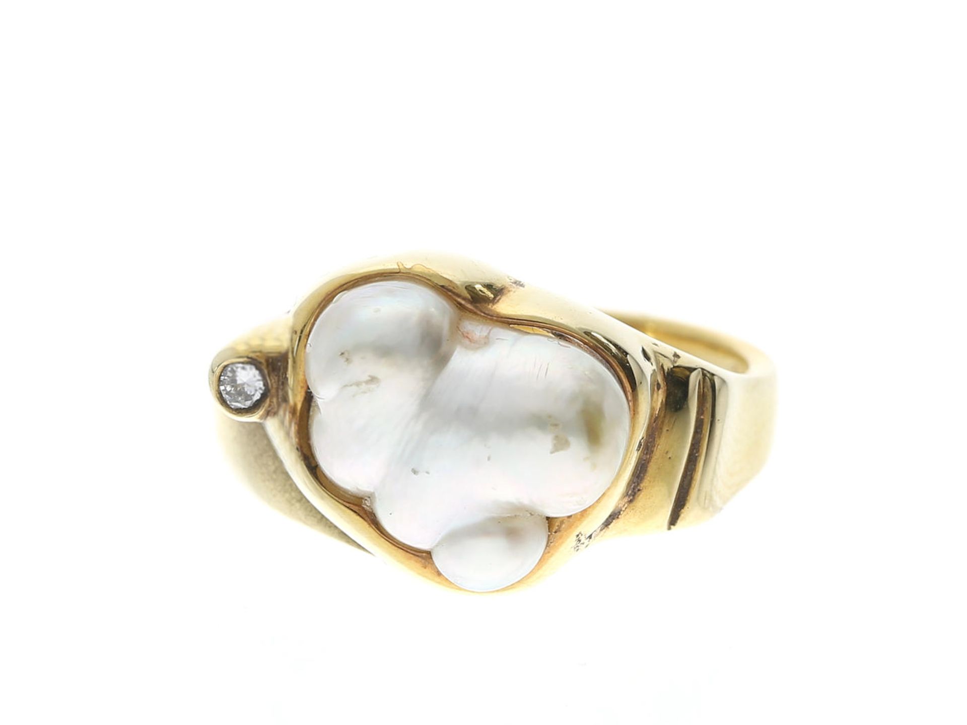 Ring: außergewöhnlicher vintage Goldschmiedering mit Barockperle und Brillant, Goldschmiedepreis ca.