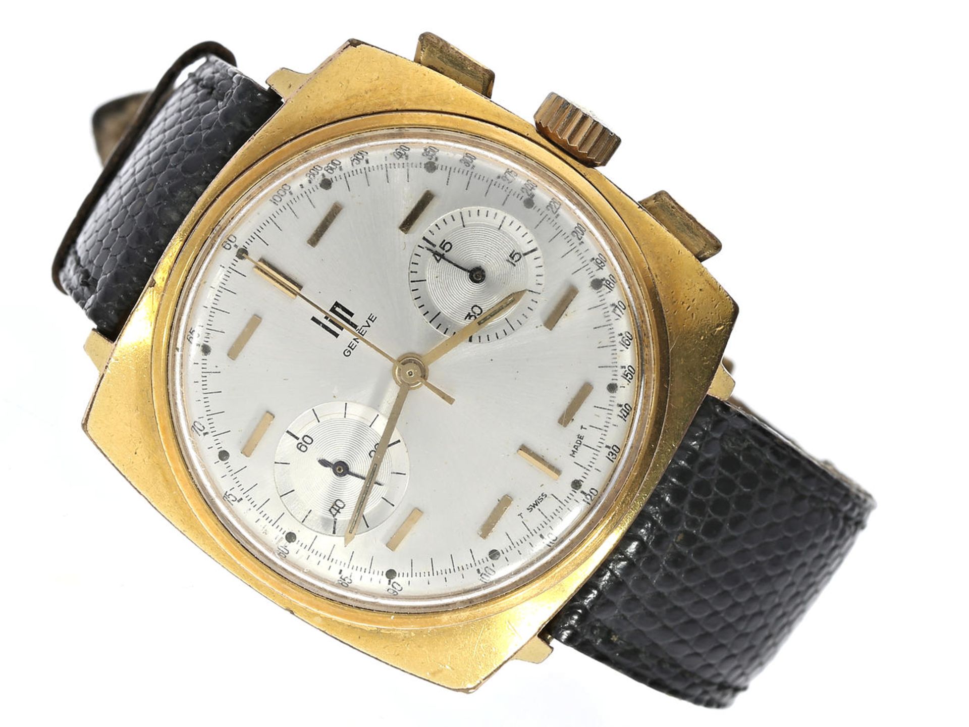 Armbanduhr: seltener Chronograph, ca. 1970, LIP Ca. 36 × 36mm, vergoldet, Edelstahlboden,