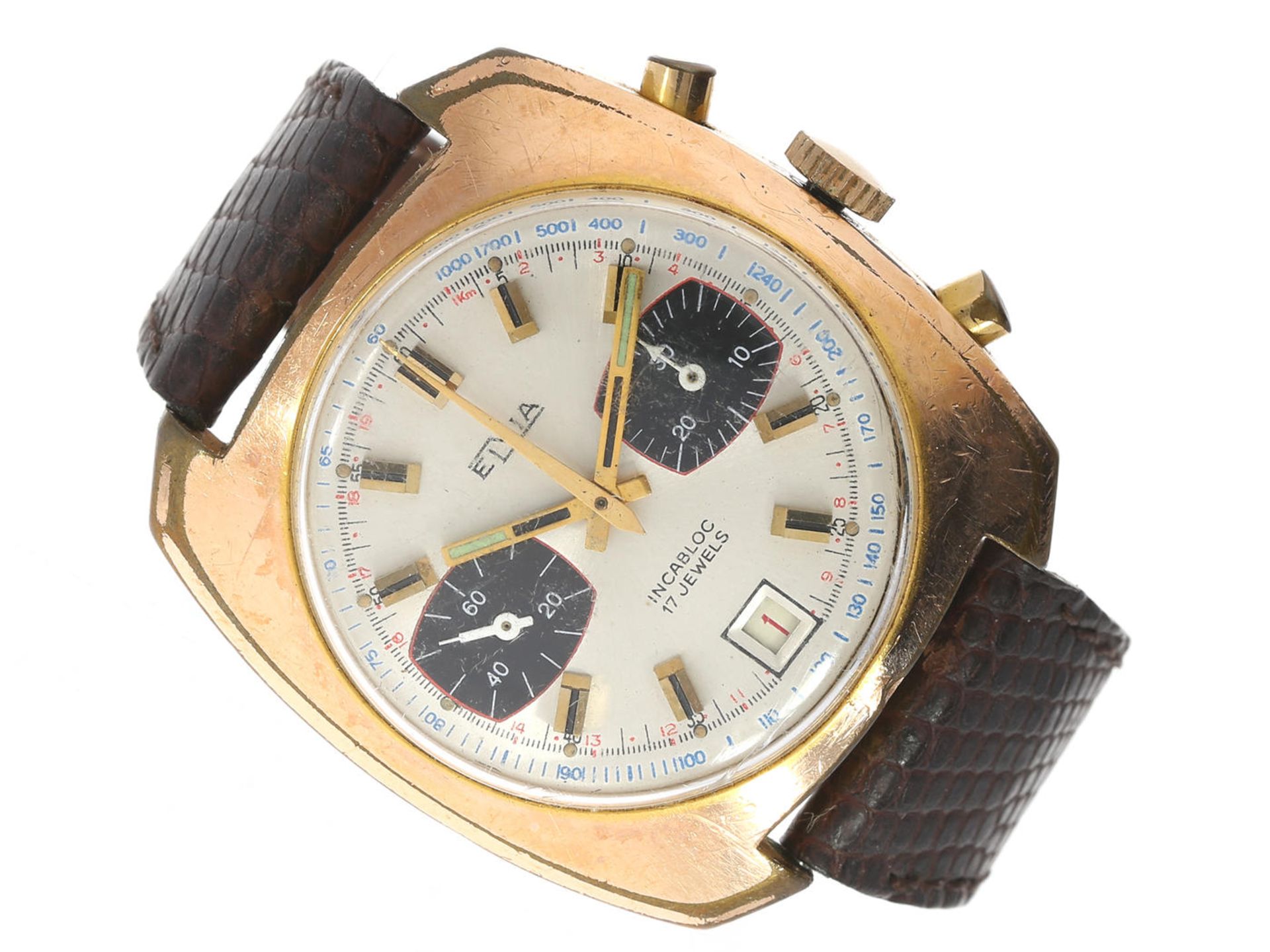 Armbanduhr: seltener Elvia Chronograph "Panda-Dial", ca.1970 Ca. 37 × 41mm, vergoldet,