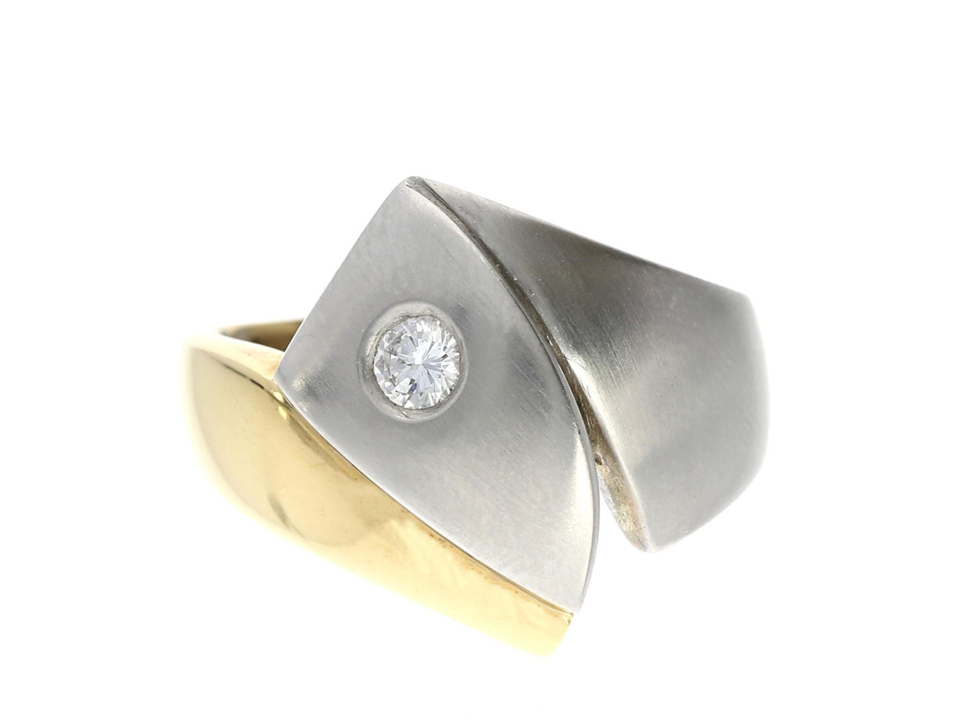 Ring: modern gearbeiteter, ausgefallener Bicolor-Brillantring, Handarbeit in 18K Gold sowie 950er