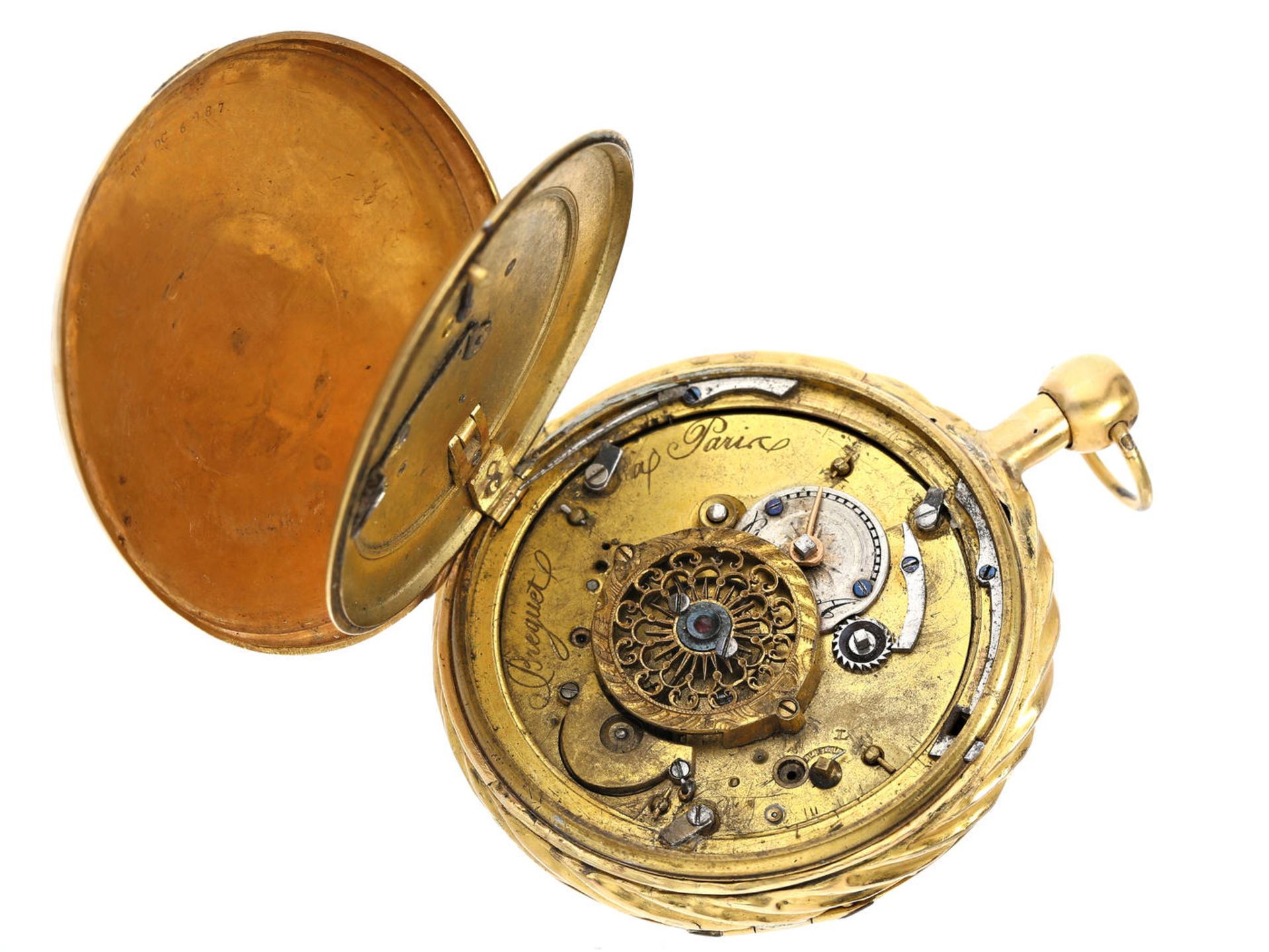 Taschenuhr: große goldene Taschenuhr mit Repetition und verstecktem erotischen Figurenautomat, - Bild 2 aus 3