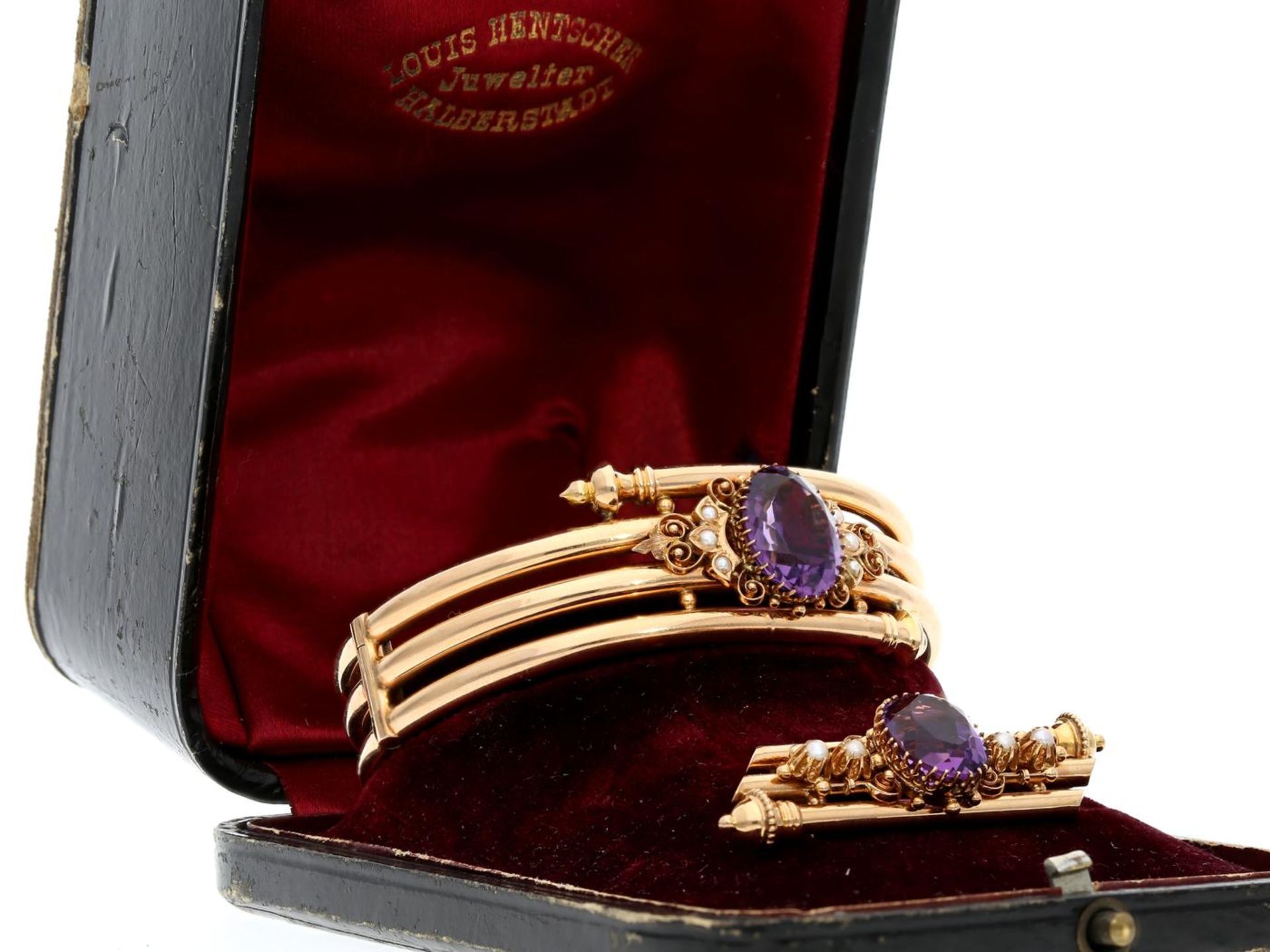 Armband/Armreif/Brosche: antikes Schmuckset, besetzt mit feinen Amethysten, Originalbox, um 1900 - Bild 4 aus 4