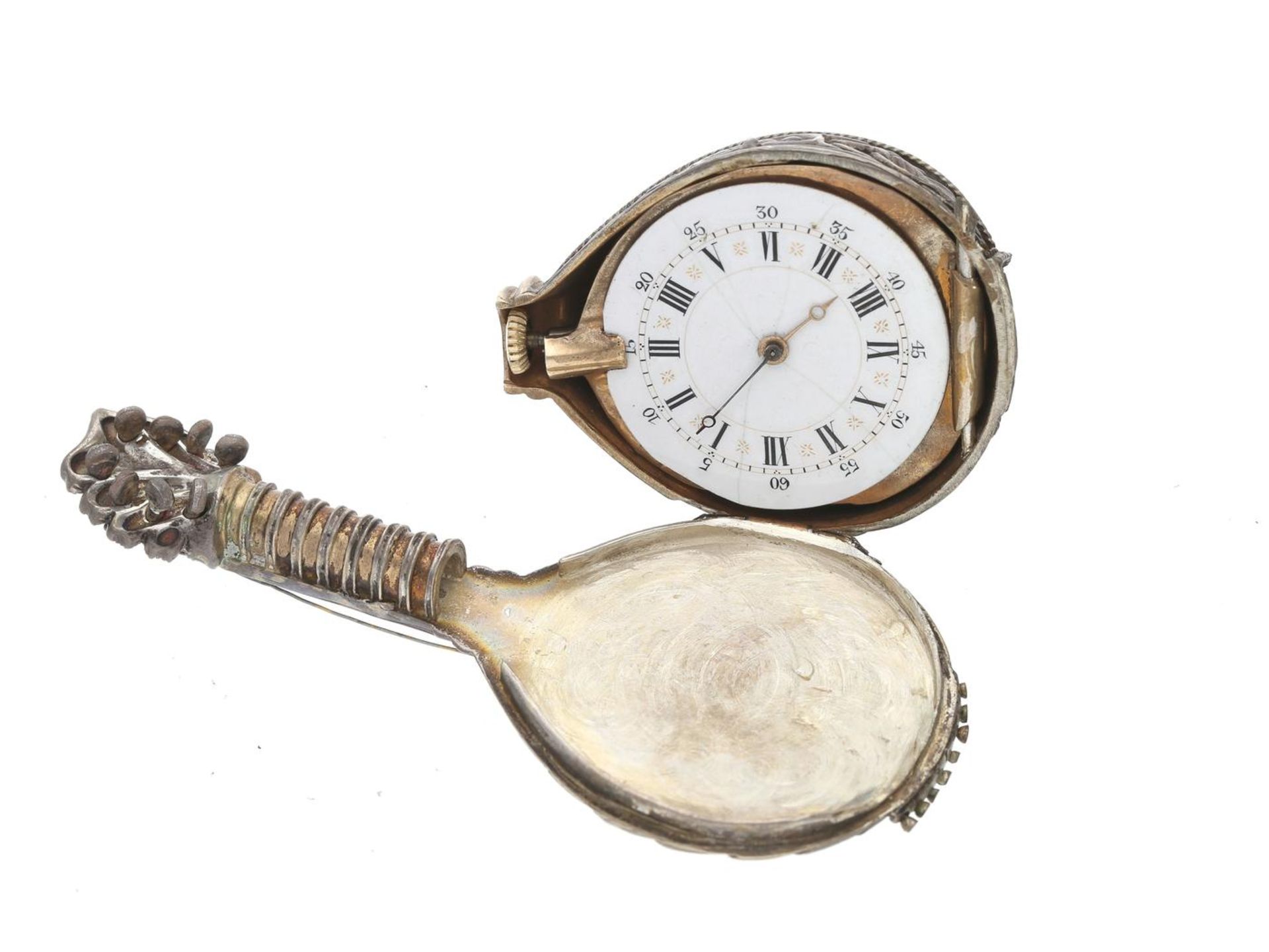 Taschenuhr: ungewöhnliche und seltene Form-Uhr "Mandoline", vermutlich Genf um 1870 Ca. 79mm lang, - Bild 3 aus 3