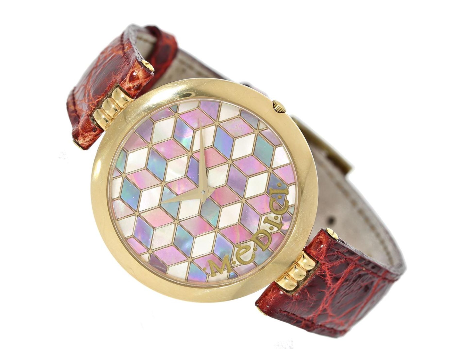 Armbanduhr: ausgefallene Damenuhr der Marke Medici Ca. Ø35mm, super flaches vergoldetes Gehäuse,