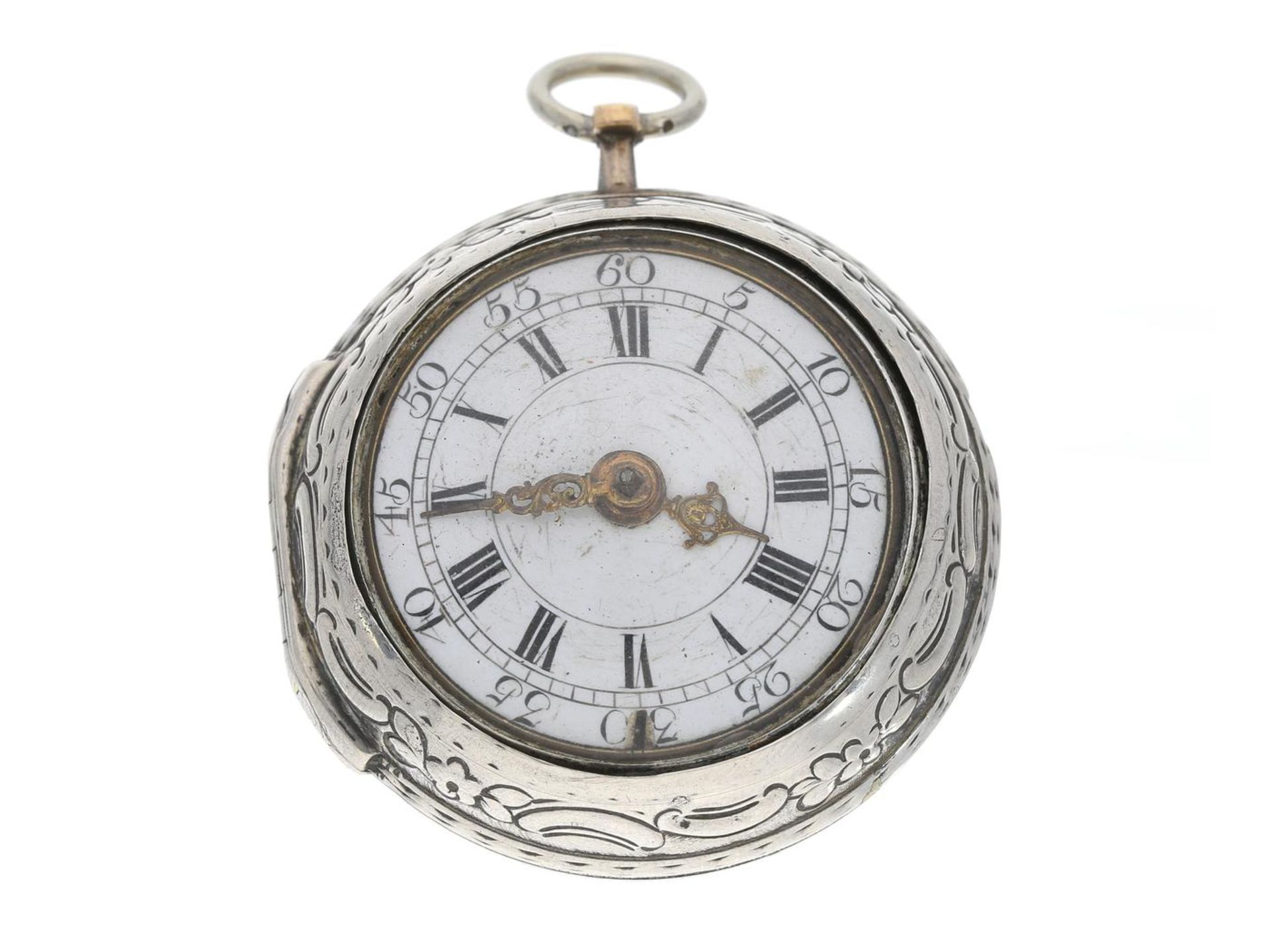 Taschenuhr: frühe englische Repoussé Doppelgehäuse-Spindeluhr, John Weldon London No.4334, Hallmarks