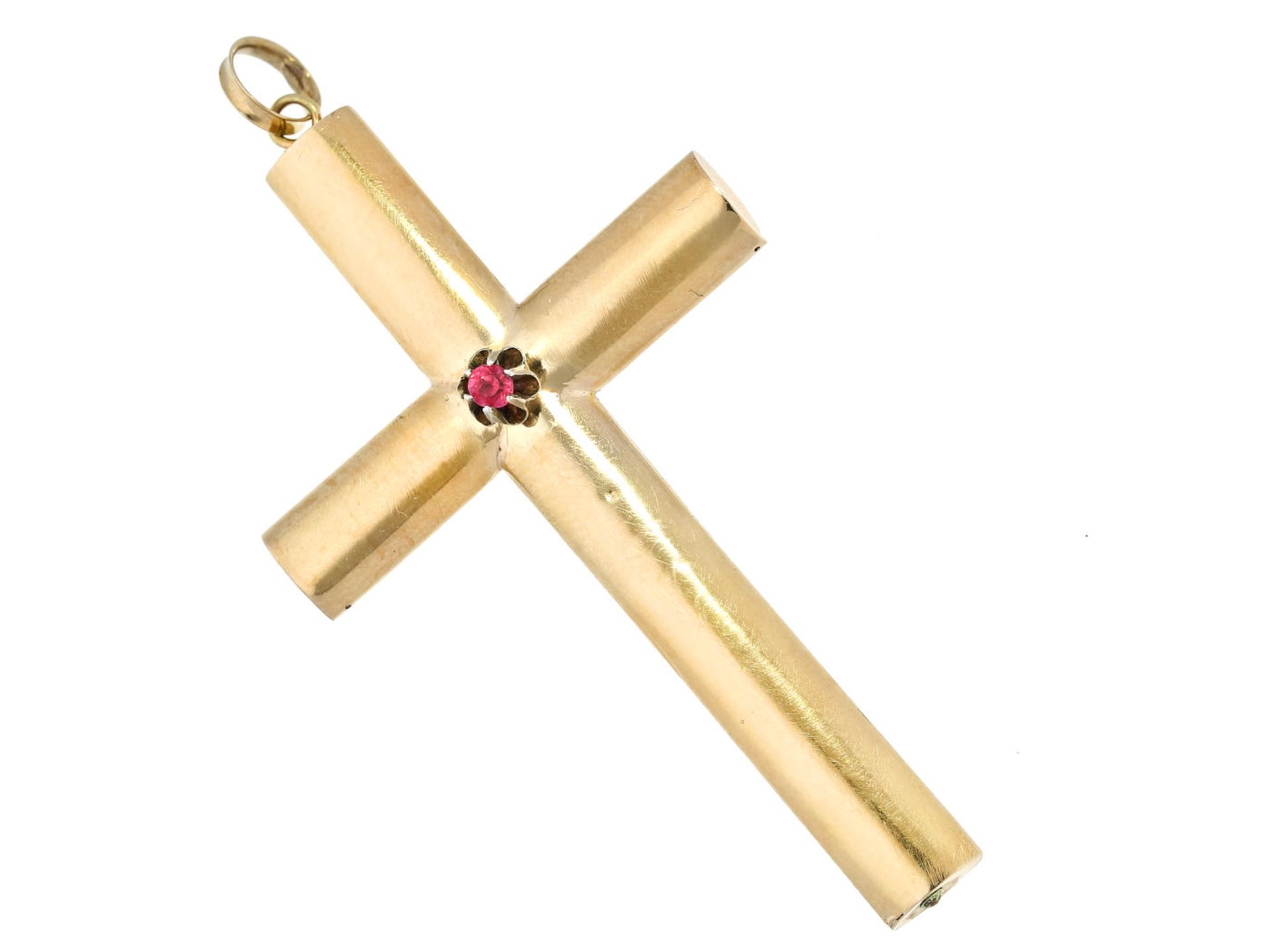 Anhänger: alter Kreuzanhänger mit rotem Farbstein Ca. 70 × 36mm, ca. 6,3g, 8K Gold, große