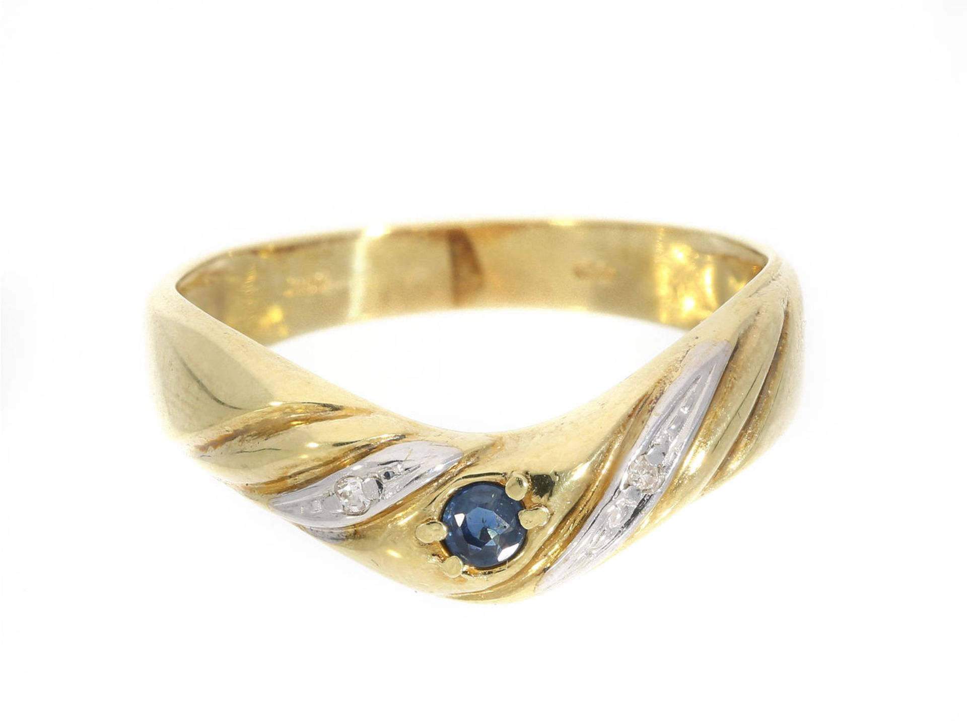 Ring: Saphir/Diamant-Goldring Ca. Ø15mm, RG48, Teenager-Größe, ca. 1,5g, 14K Gold, mittig ein blauer