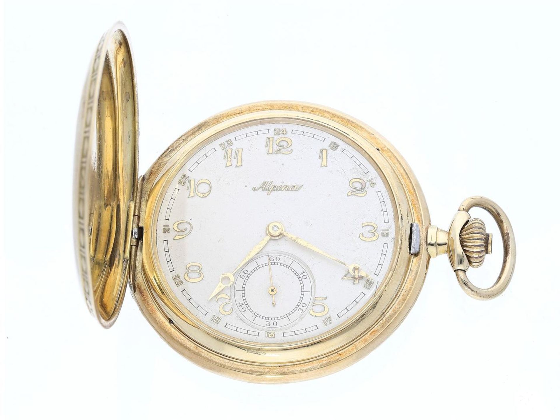 Taschenuhr: goldene Art déco Savonnette, Marke Alpina, ca.1935 Ca. 50mm, ca. 88g, 14K Gold, massives