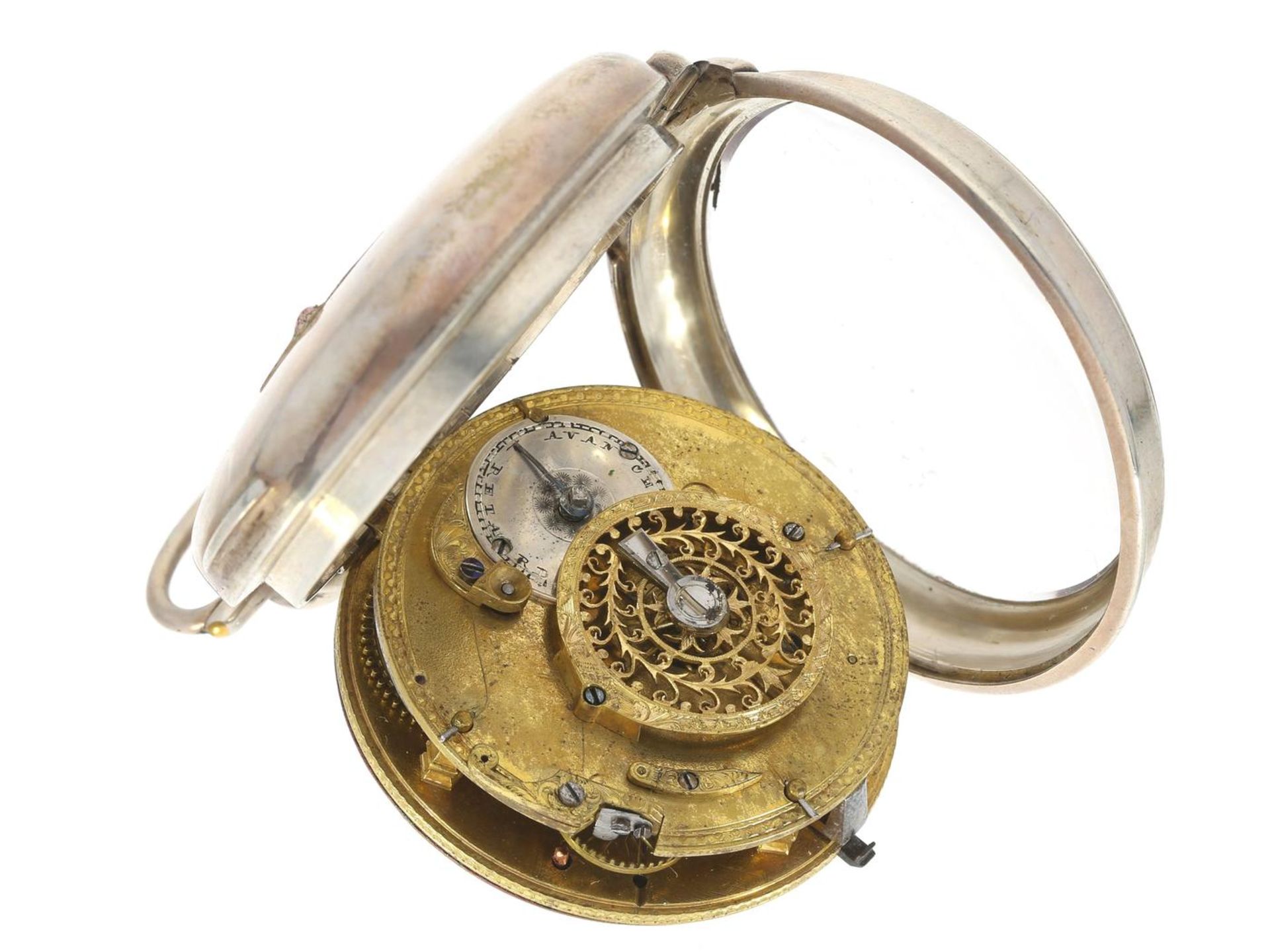 Taschenuhr: große und schwere vermutlich österreichische Spindeluhr, um 1820 Ca. Ø57mm, ca. 135g, - Bild 2 aus 2