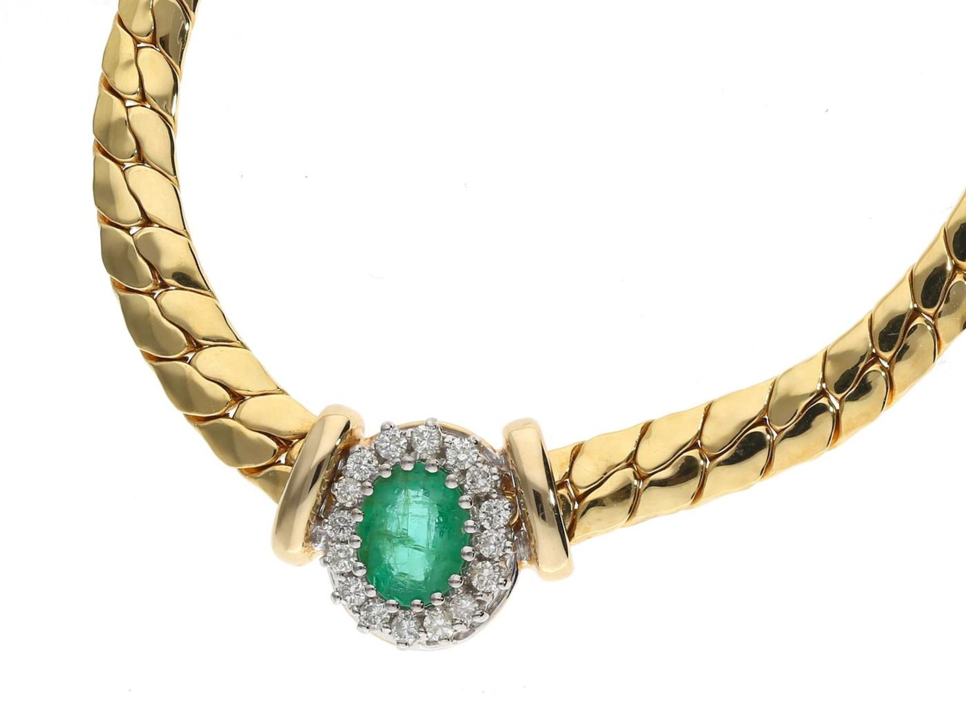 Kette/Collier: klassisches, dekoratives vintage Smaragd/Brillant-Goldschmiedecollier Ca.46,5cm lang,