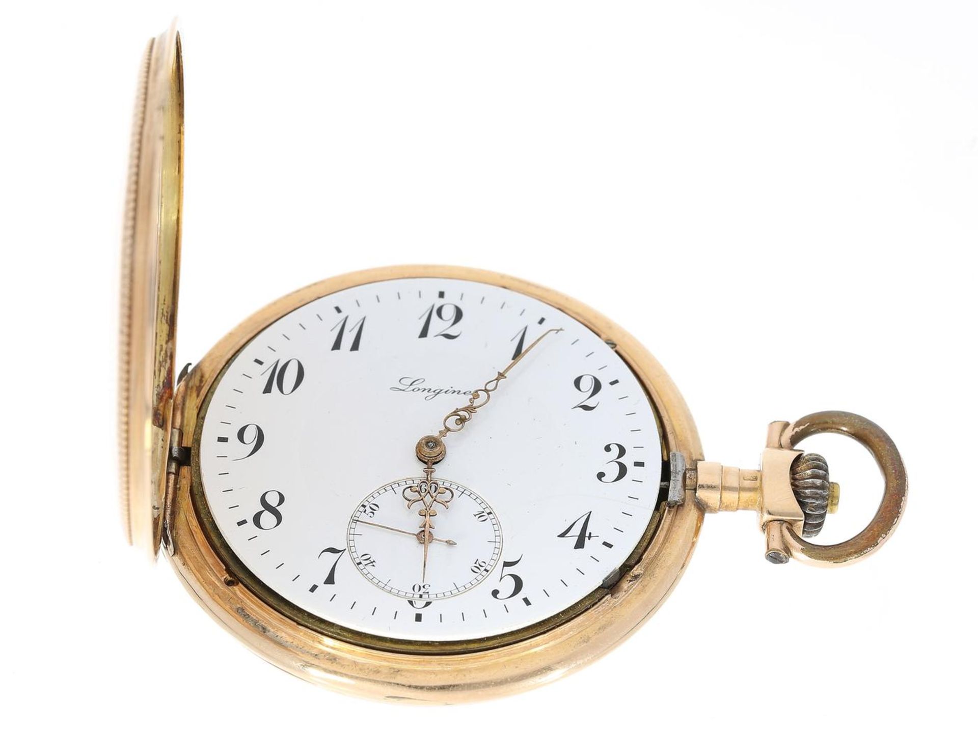 Taschenuhr: goldene Savonnette der Marke Longines, ca. 1920 Ca. Ø49mm, ca. 75g, 14K Gold, Gehäuse