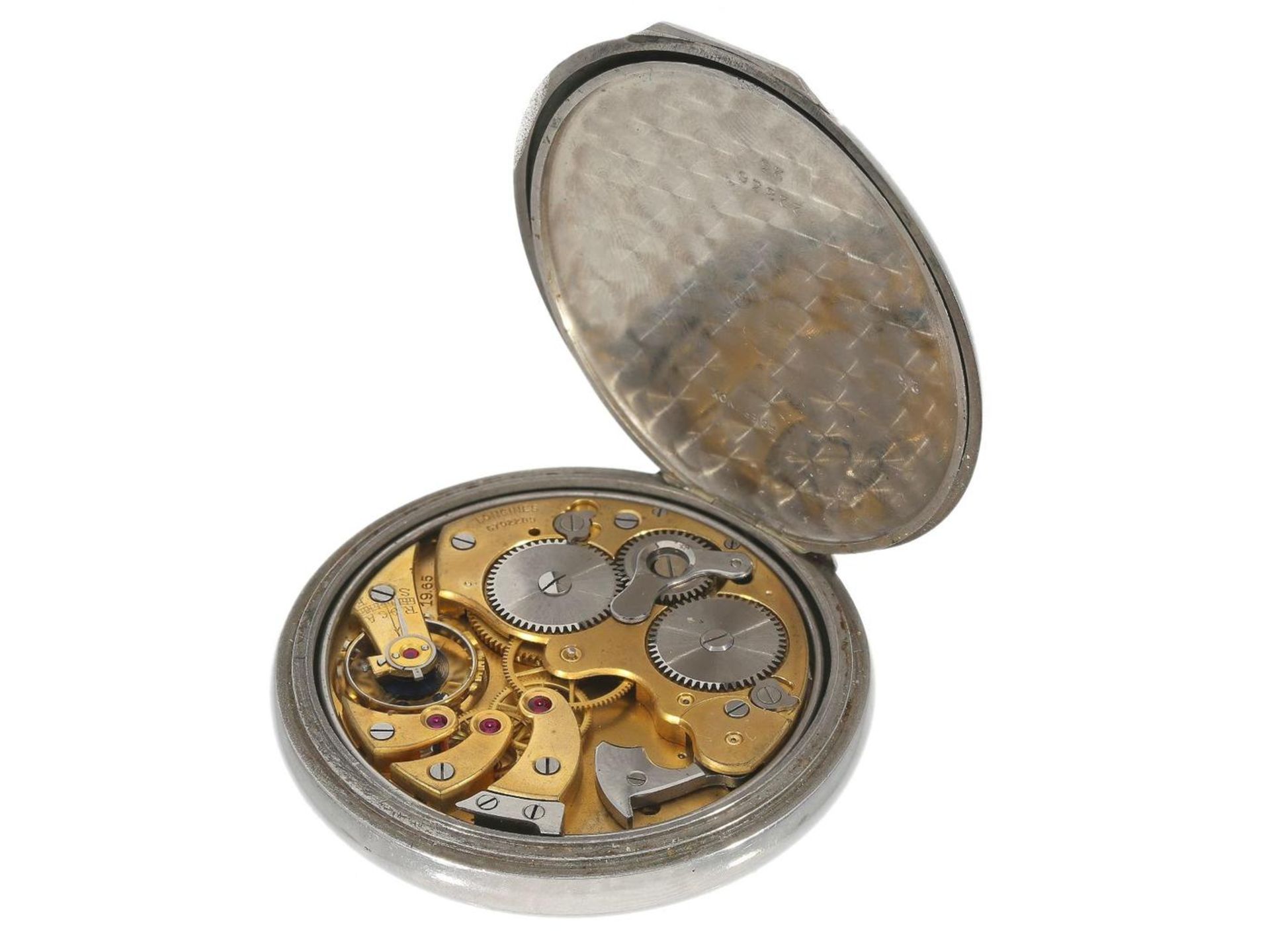 Taschenuhr: sehr seltene Longines-Herrenuhr mit Wecker, Edelstahl, ca. 1930 Ca. Ø50mm, ca. 87g, - Bild 2 aus 2