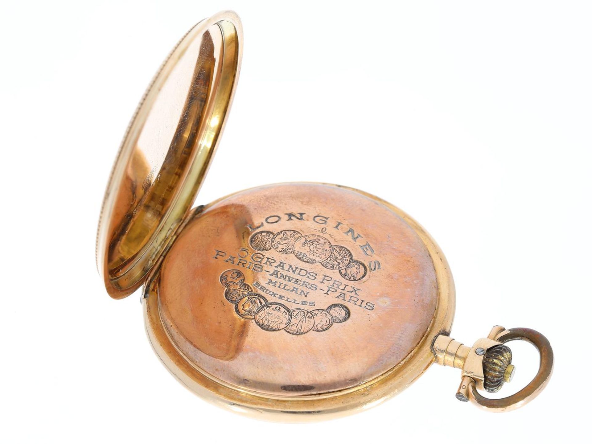 Taschenuhr: goldene Savonnette der Marke Longines, ca. 1920 Ca. Ø49mm, ca. 75g, 14K Gold, Gehäuse - Bild 3 aus 3