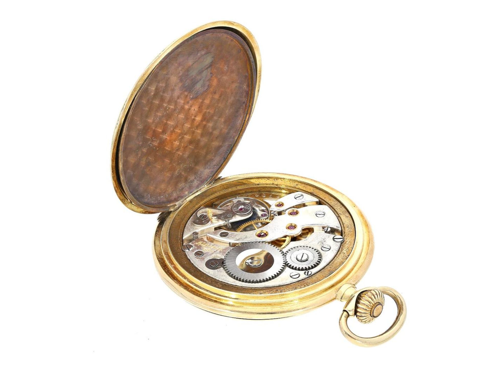 Taschenuhr: goldene Art déco Savonnette, Marke Alpina, ca.1935 Ca. 50mm, ca. 88g, 14K Gold, massives - Bild 2 aus 2