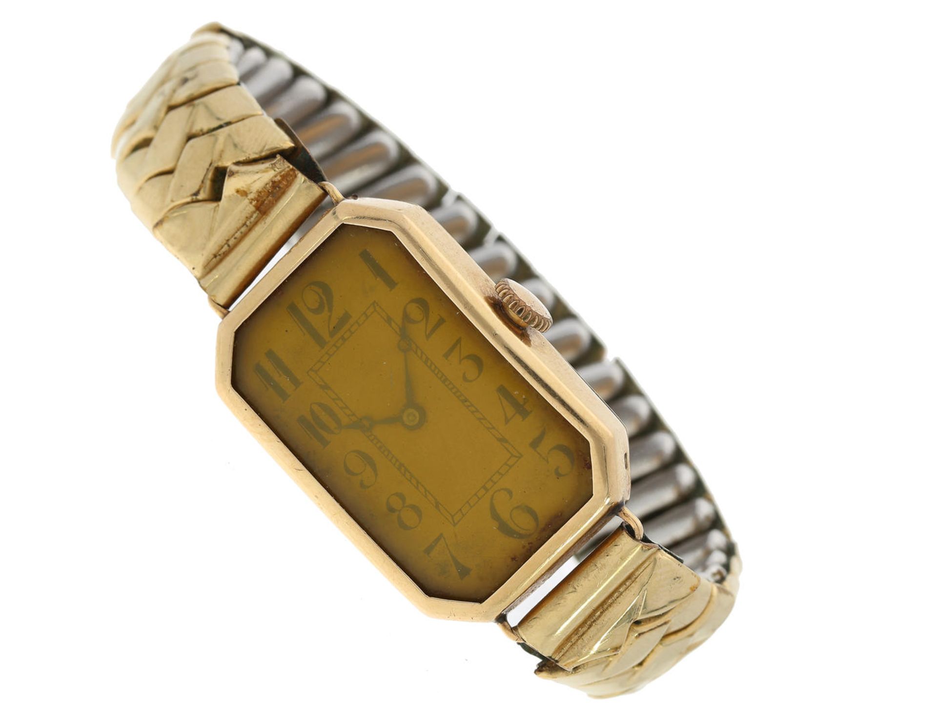 Armbanduhr: goldene Art déco Herrenuhr um 1930, Marke Mimo Gehäuse ca. 31 × 21mm, Handaufzug,