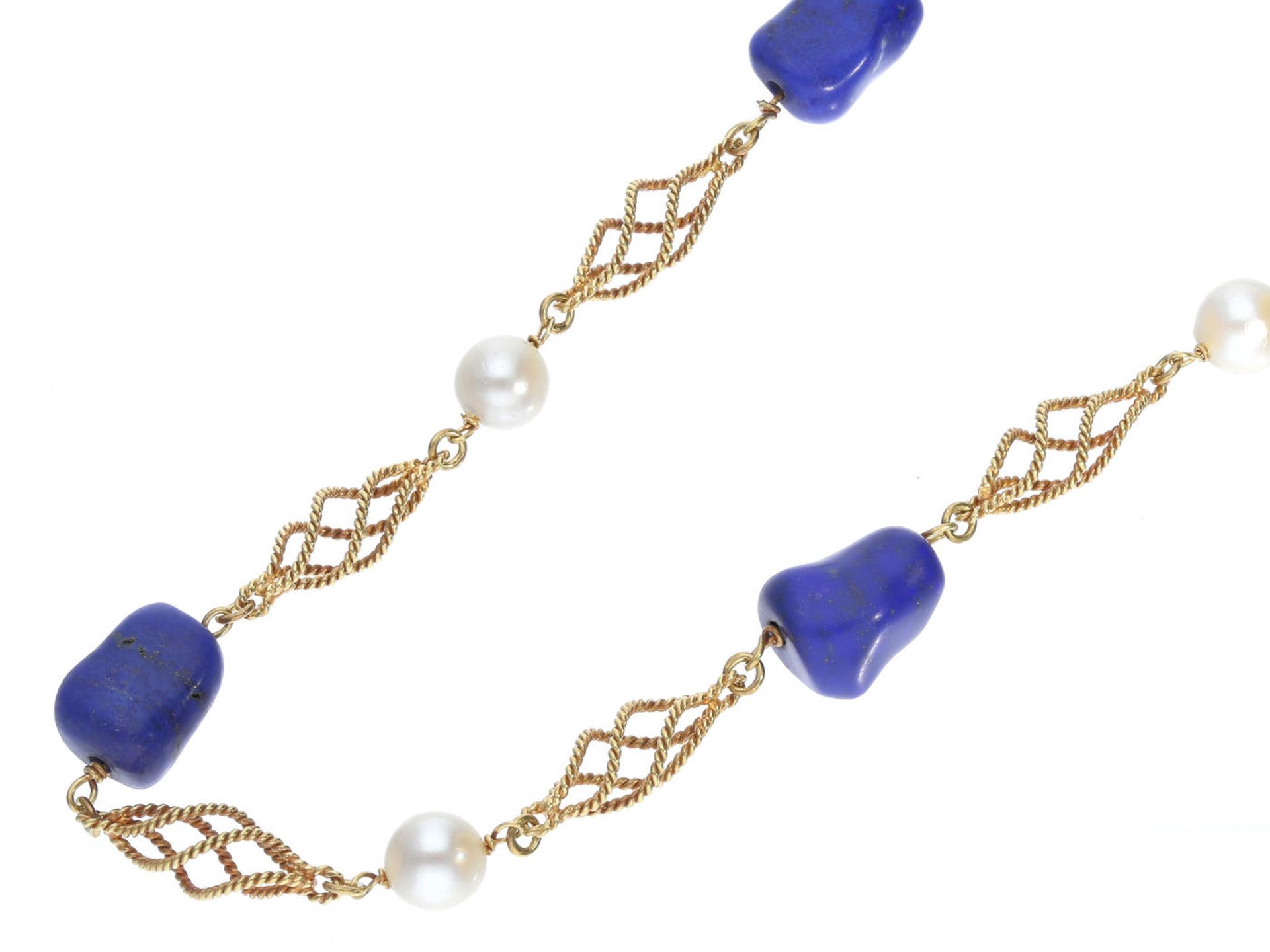 Kette/Collier: schöne vintage Goldkette mit Perlen und Lapislazuli Ca. 55cm lang, ca. 22g, 14K Gold,