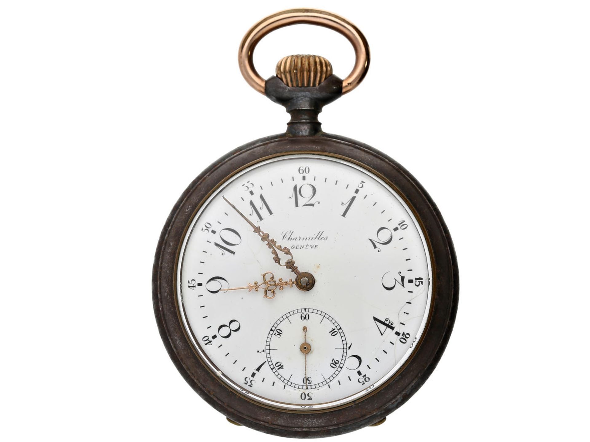 Taschenuhr: seltene Taschenuhr mit Relief "Heiliger Georg", Charmilles Geneve, um 1900 Ca. Ø52mm, - Bild 3 aus 3