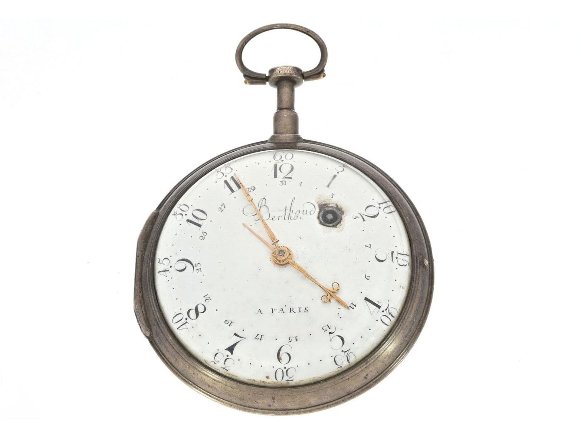 Taschenuhr: interessante große Spindeluhr mit Datum, signiert Berthoud Paris, ca.1790 Ca. Ø64mm, ca.