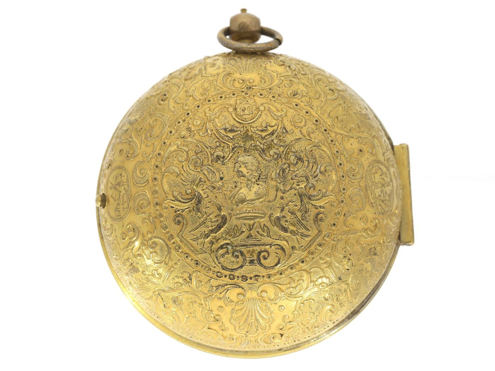 Taschenuhr: frühe einzeigrige Oignon mit Zentralaufzug, Frankreich um 1690 Ca. Ø60mm, ca. 180g, - Bild 2 aus 3