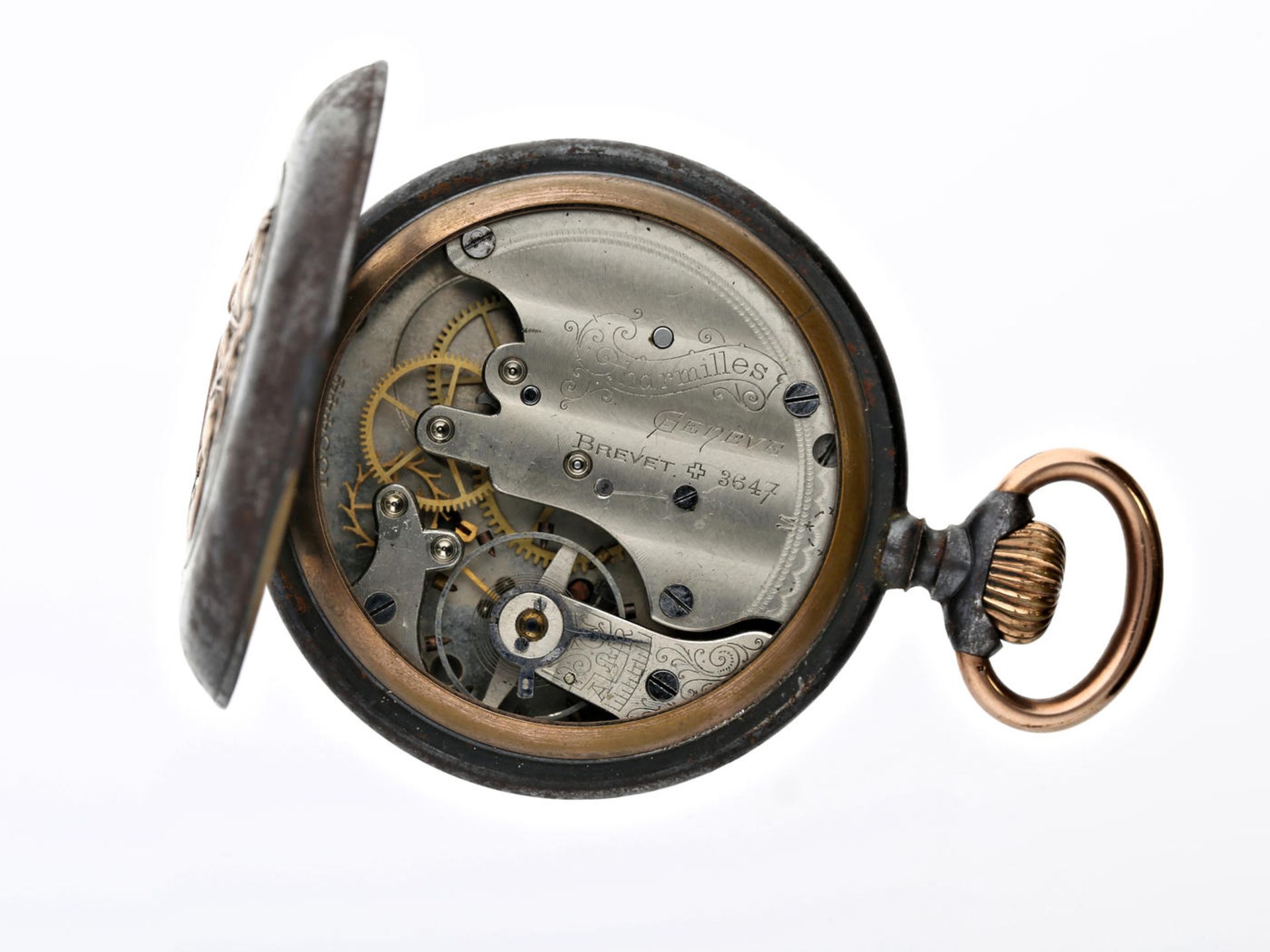 Taschenuhr: seltene Taschenuhr mit Relief "Heiliger Georg", Charmilles Geneve, um 1900 Ca. Ø52mm, - Bild 2 aus 3