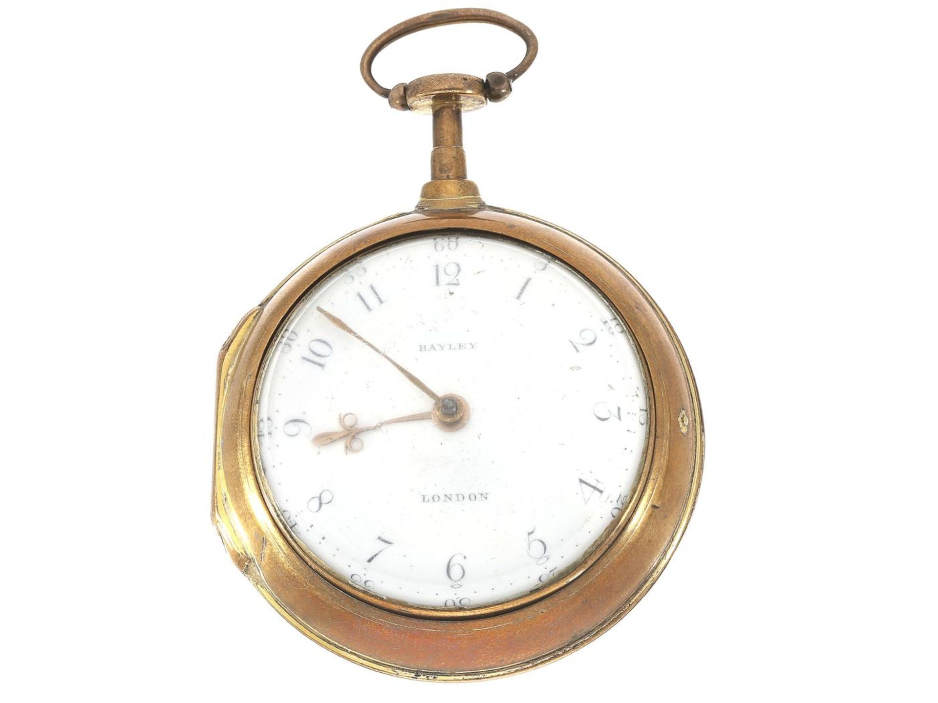 Taschenuhr: englische Doppelgehäuse-Spindeluhr, um 1800, signiert Bayley London No. 6989 Ca.