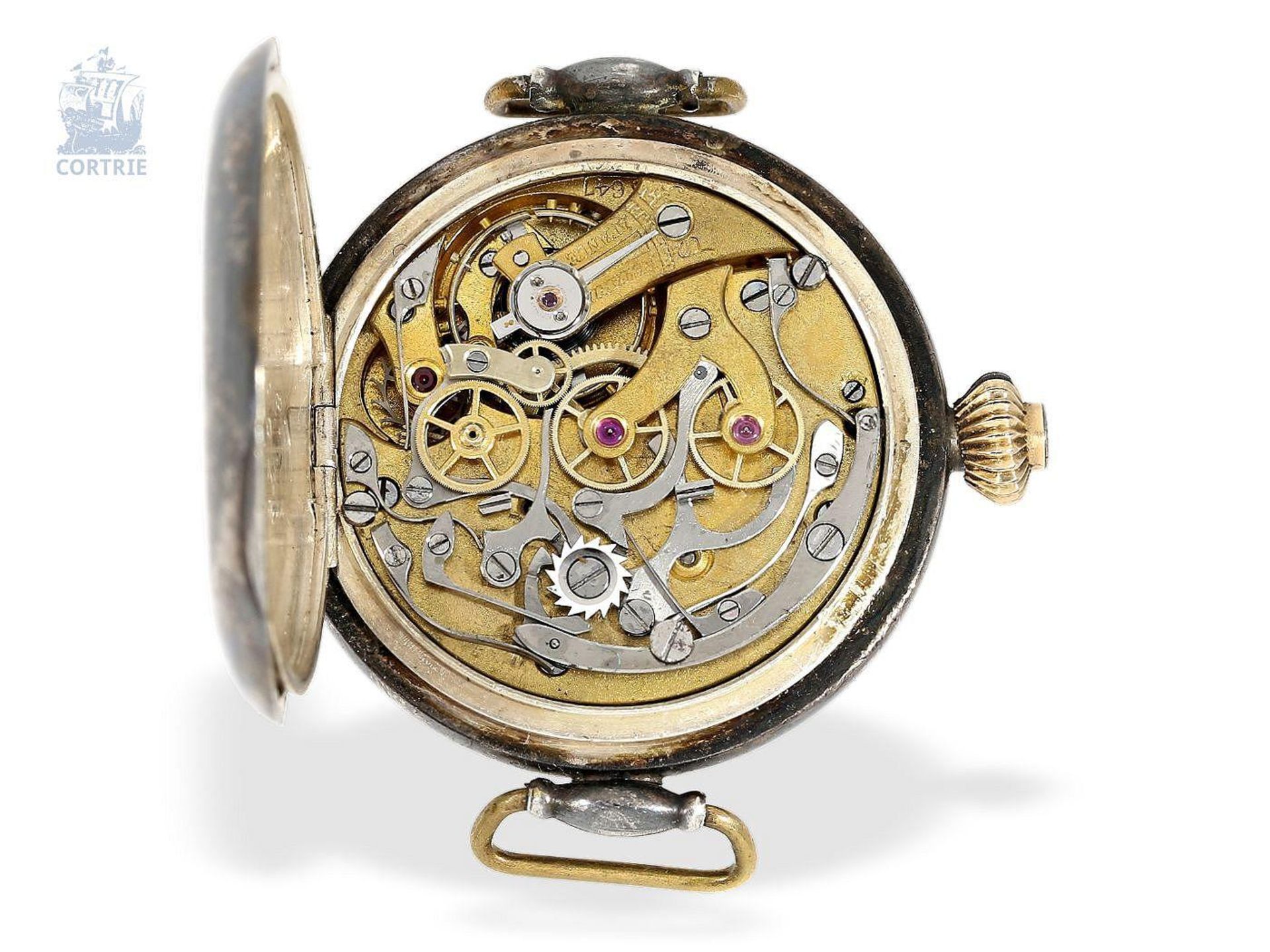 Armbanduhr: ganz früher Kronendrücker-Chronograph mit Register und Emaillezifferblatt, Silber, - Bild 2 aus 2