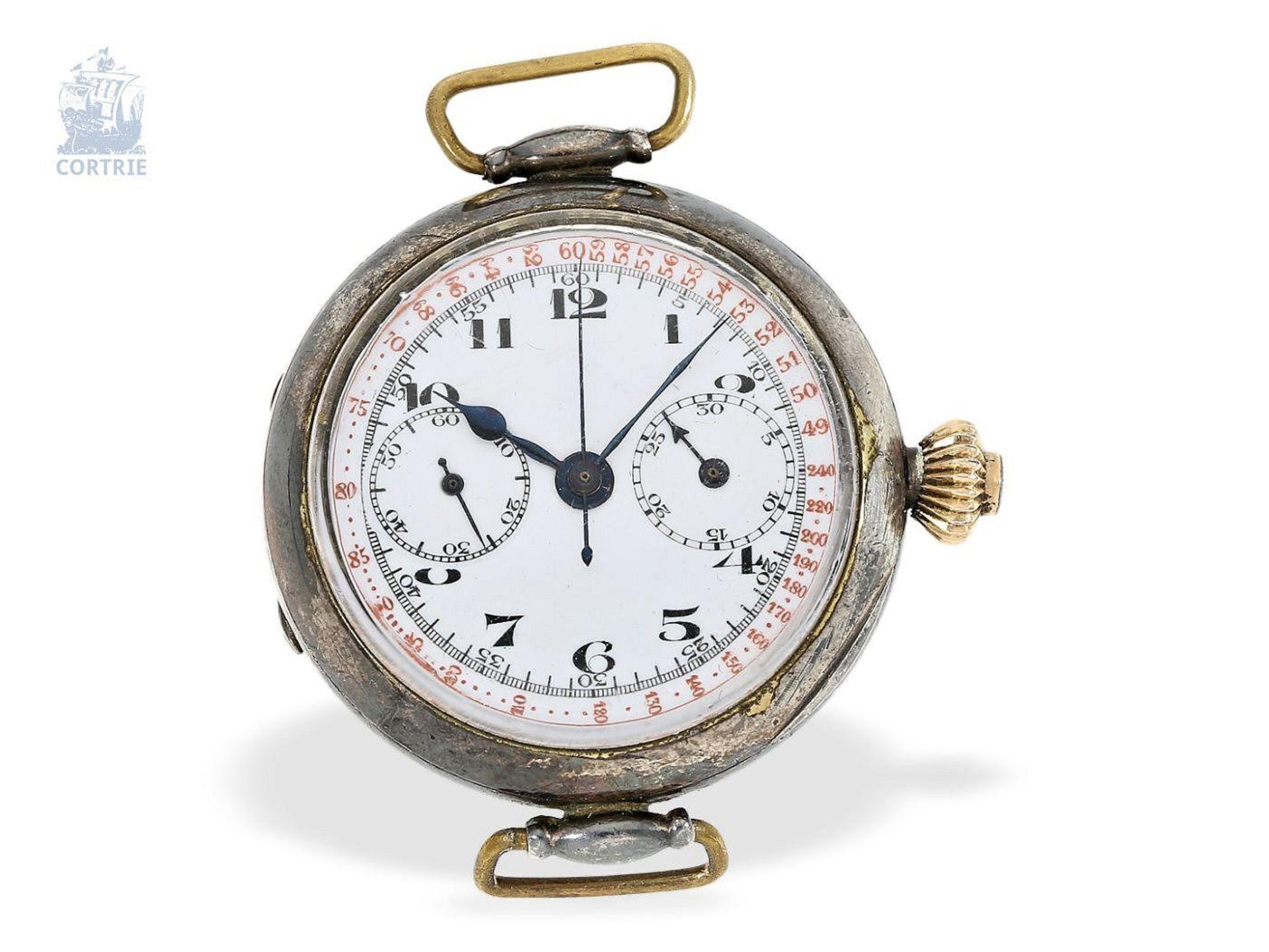Armbanduhr: ganz früher Kronendrücker-Chronograph mit Register und Emaillezifferblatt, Silber,
