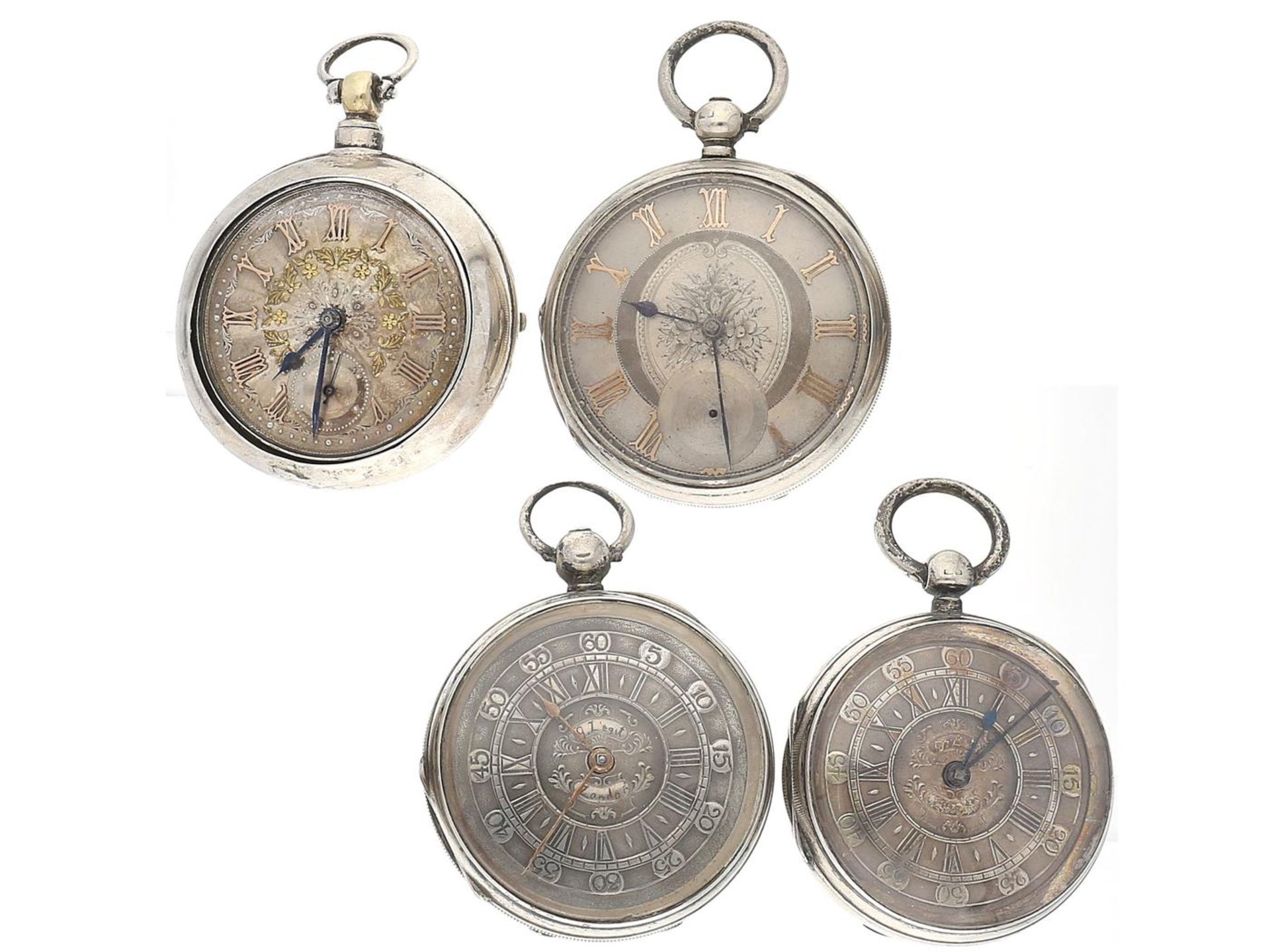 Taschenuhr: Konvolut von 4 dekorativen englischen Champlevé Taschenuhren, 1850-1880 Ca. Ø51mm-