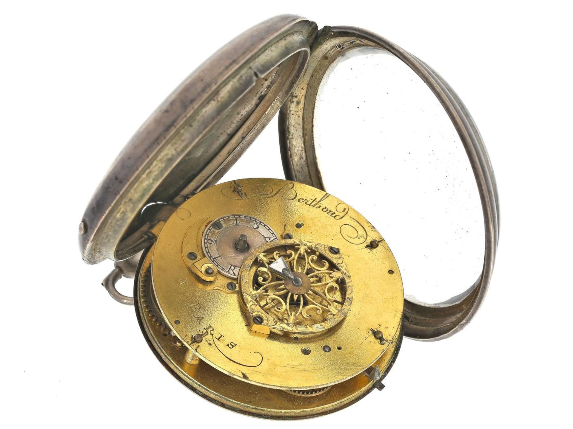 Taschenuhr: interessante große Spindeluhr mit Datum, signiert Berthoud Paris, ca.1790 Ca. Ø64mm, ca. - Bild 2 aus 2