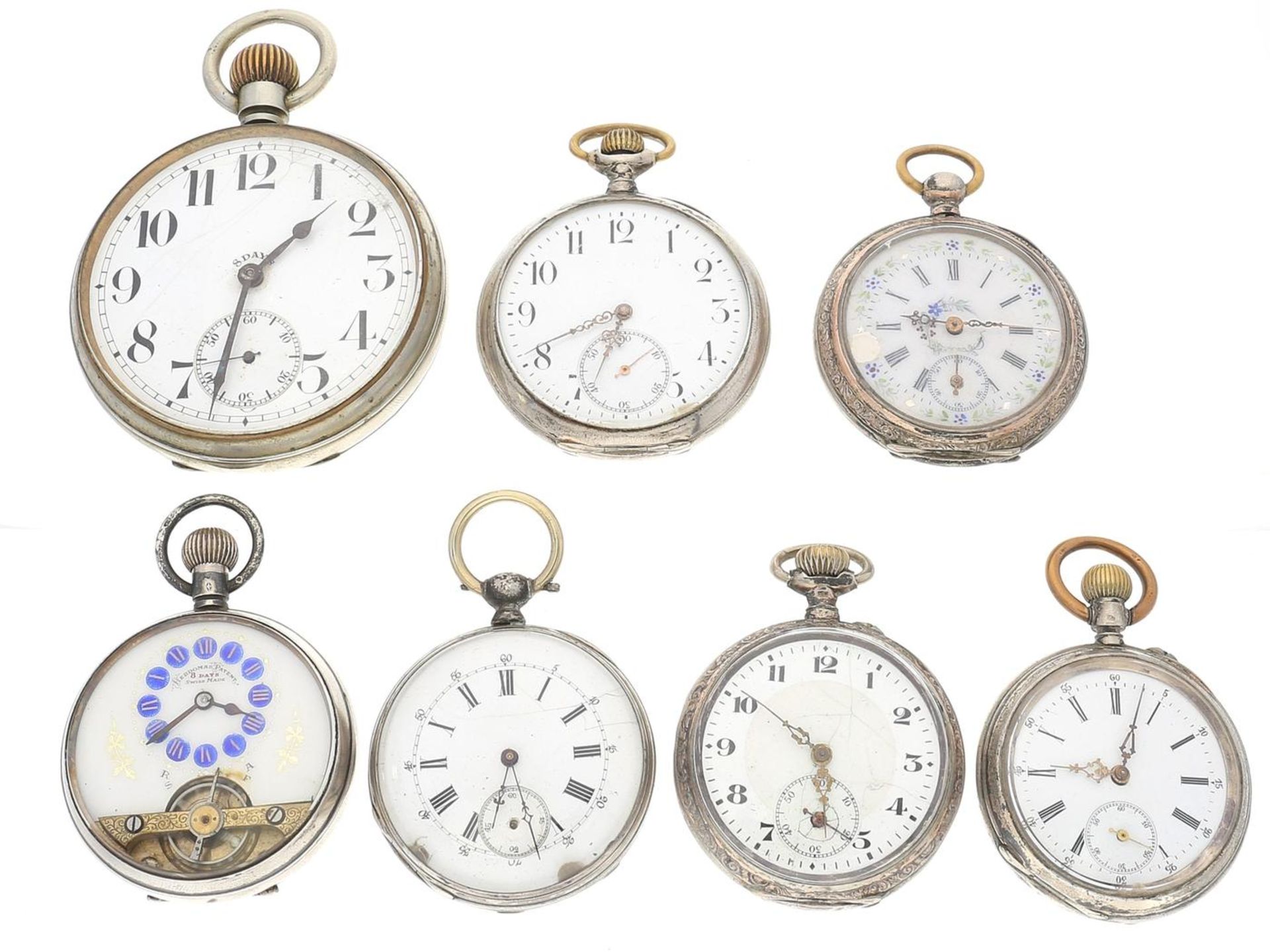Taschenuhr: Konvolut von 7 alten Taschenuhren, ca.1870-1920, dabei 2 seltene 8-Tage-Uhren 1.