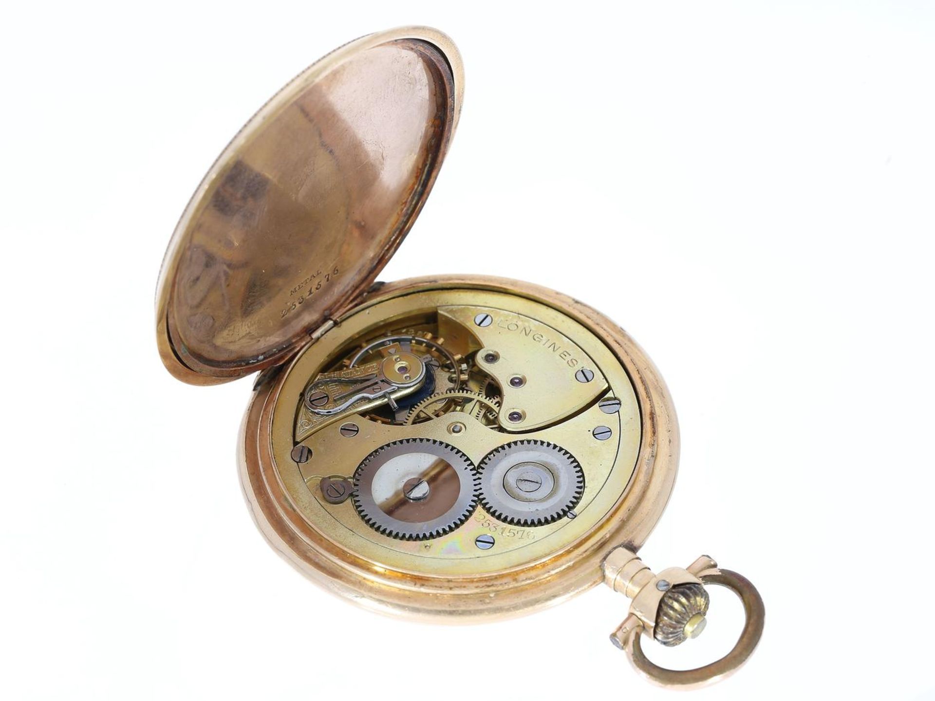 Taschenuhr: goldene Savonnette der Marke Longines, ca. 1920 Ca. Ø49mm, ca. 75g, 14K Gold, Gehäuse - Bild 2 aus 3