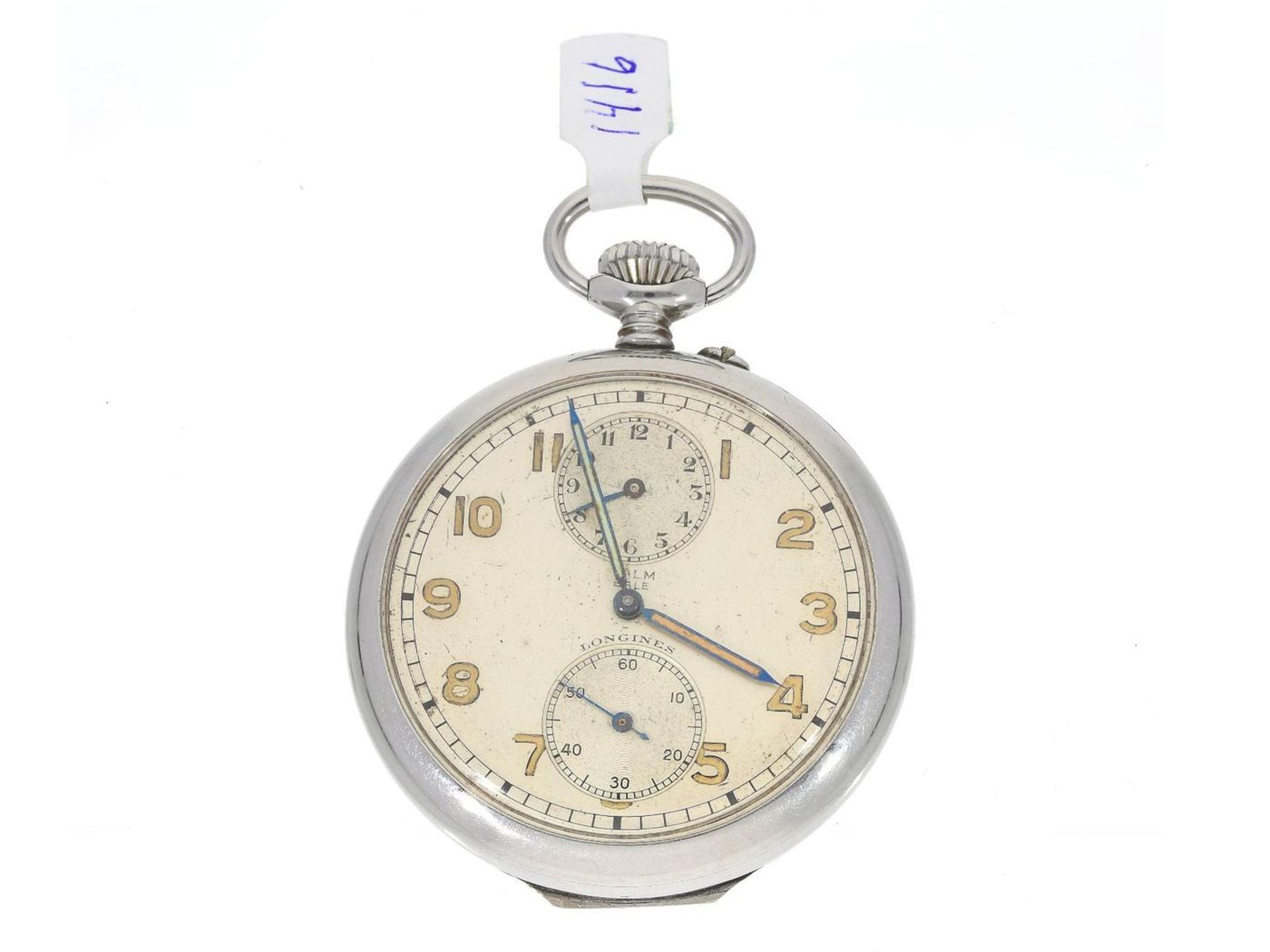 Taschenuhr: sehr seltene Longines-Herrenuhr mit Wecker, Edelstahl, ca. 1930 Ca. Ø50mm, ca. 87g,