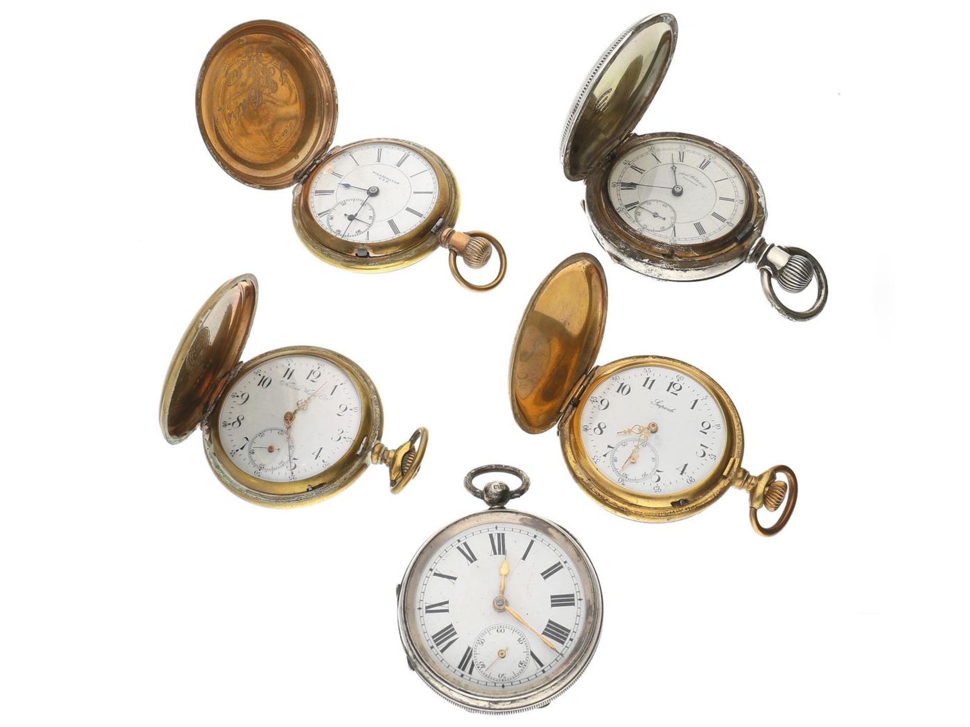 Taschenuhr: Konvolut von 5 Taschenuhren, um 1880-1920, dabei eine besonders schwere Waltham