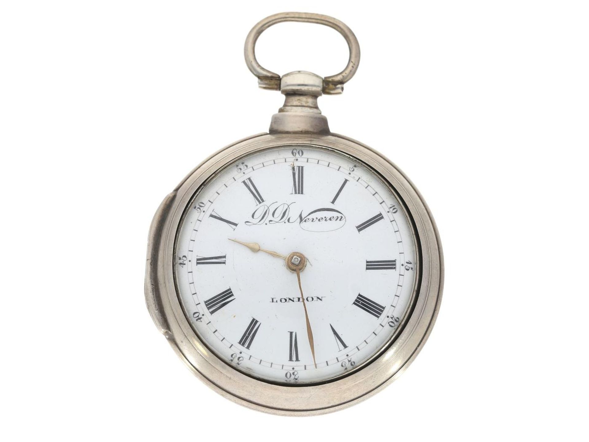 Taschenuhr: silberne Doppelgehäuse-Spindeluhr, signiert Neveren London, um 1800 Ca.Ø57mm, ca.