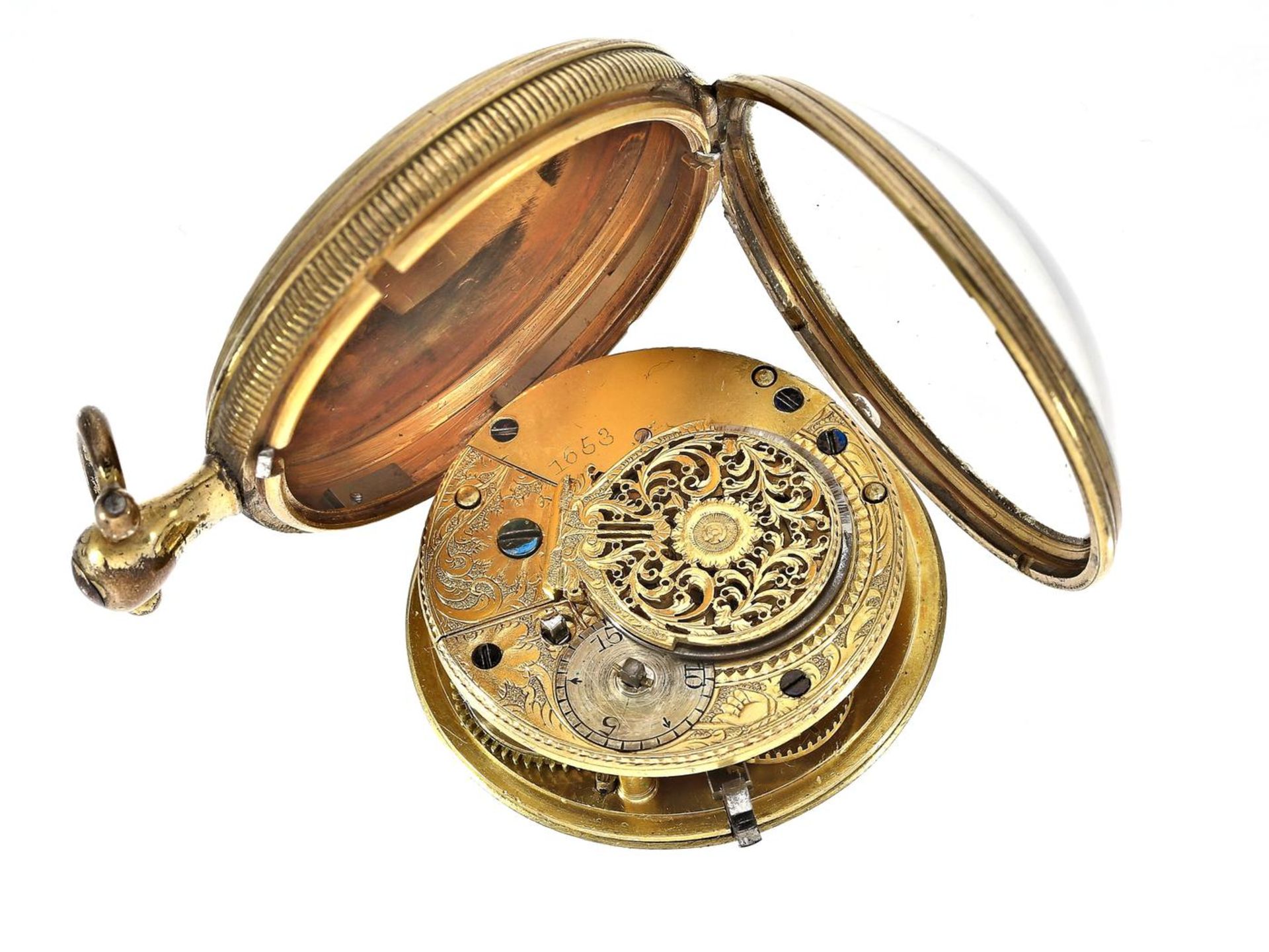 Taschenuhr: außergewöhnliche englische Spindeluhr, um 1800 Ca. Ø47mm, ca. 89g, vergoldet, - Bild 3 aus 3