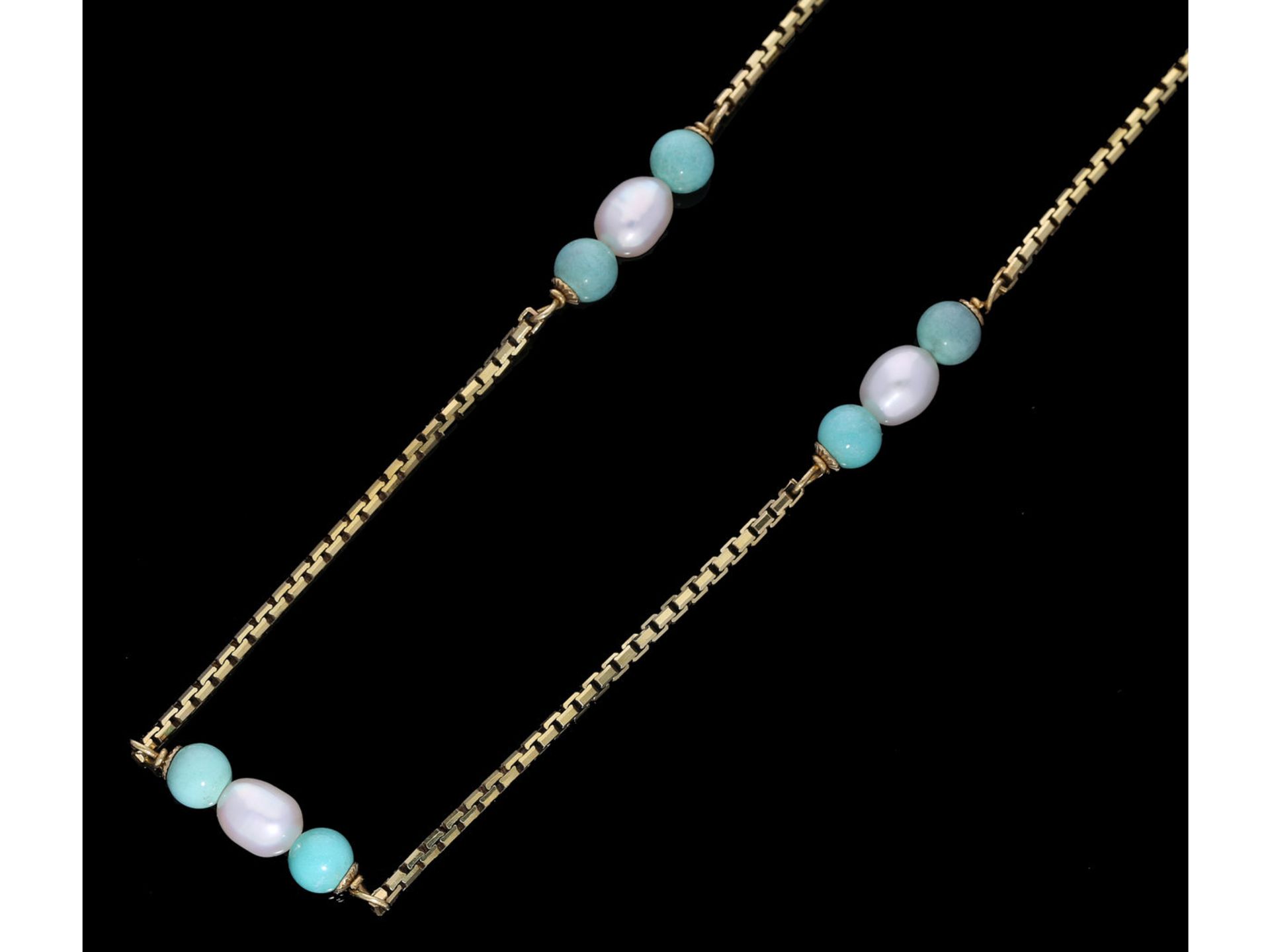 Kette/Collier: vintage Halskette mit Perlen und türkisfarbenen SteinenCa. 54cm lang, ca. 12,1g,