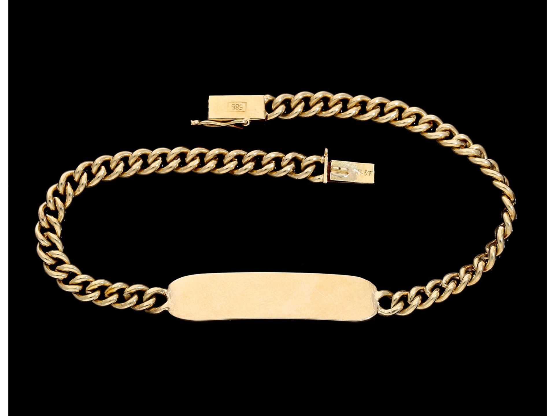 Armband: goldenes Panzerarmband mit Namensschild, ungraviert und ungetragenCa. 19cm lang, ca. 12g,