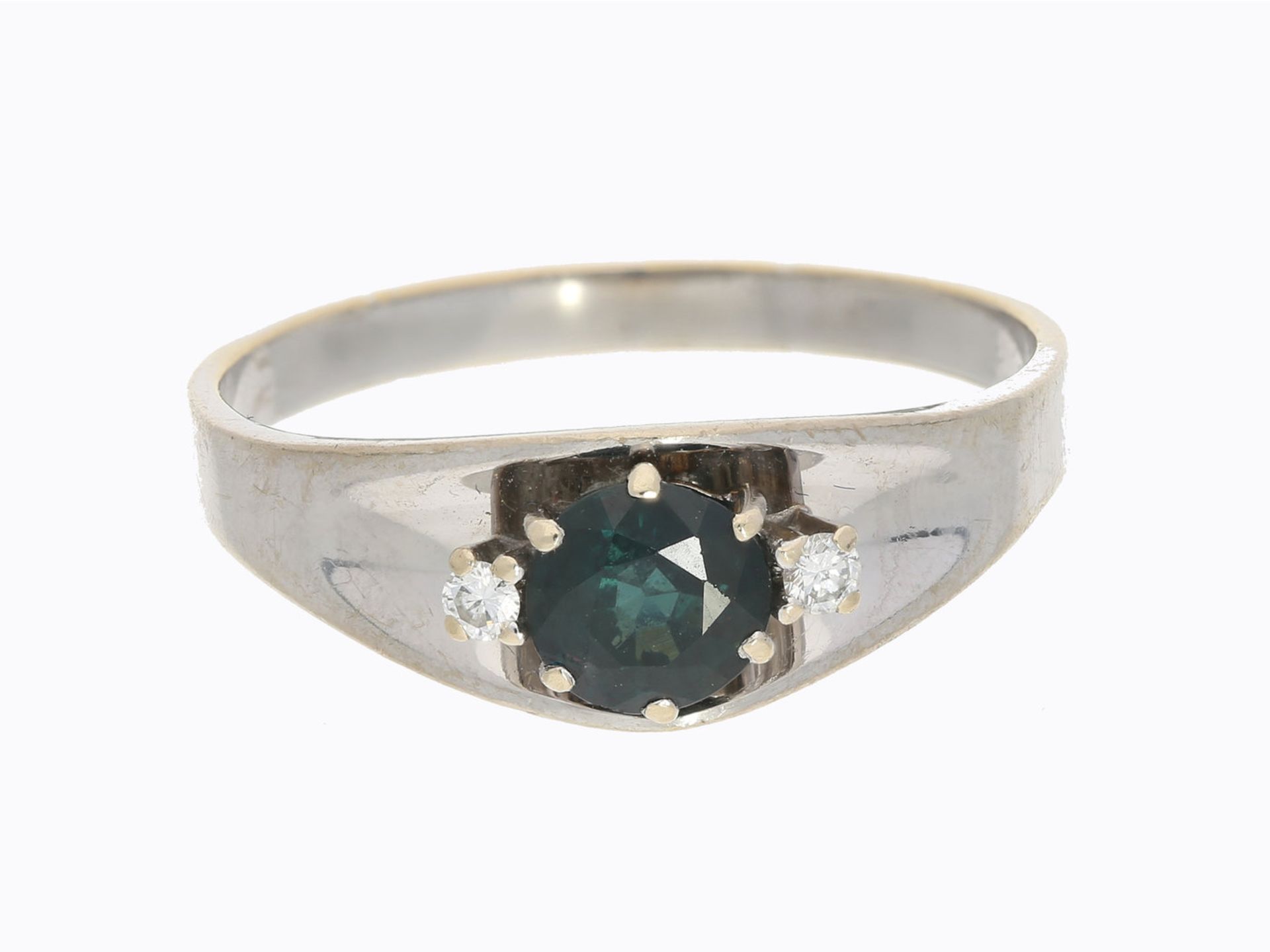Ring: schöner vintage Saphir/Brillant-Goldschmiedering, 14K WeißgoldCa. Ø20mm, RG63, ca. 4,7g, 14K