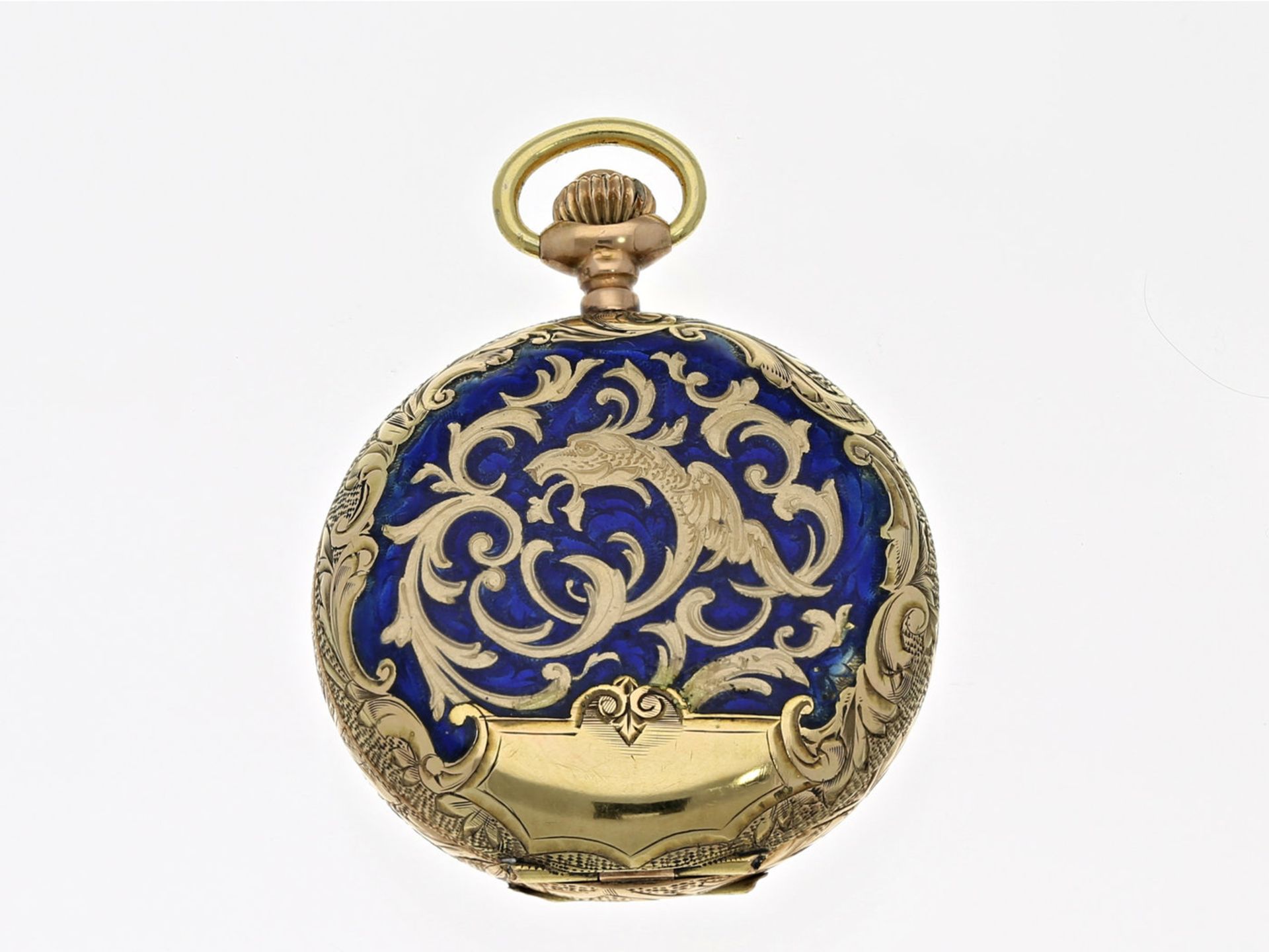 Taschenuhr/Anhängeuhr: sehr seltene Art Nouveau Gold/Emaille-Damensavonnette, um 1900Ca. Ø32mm,