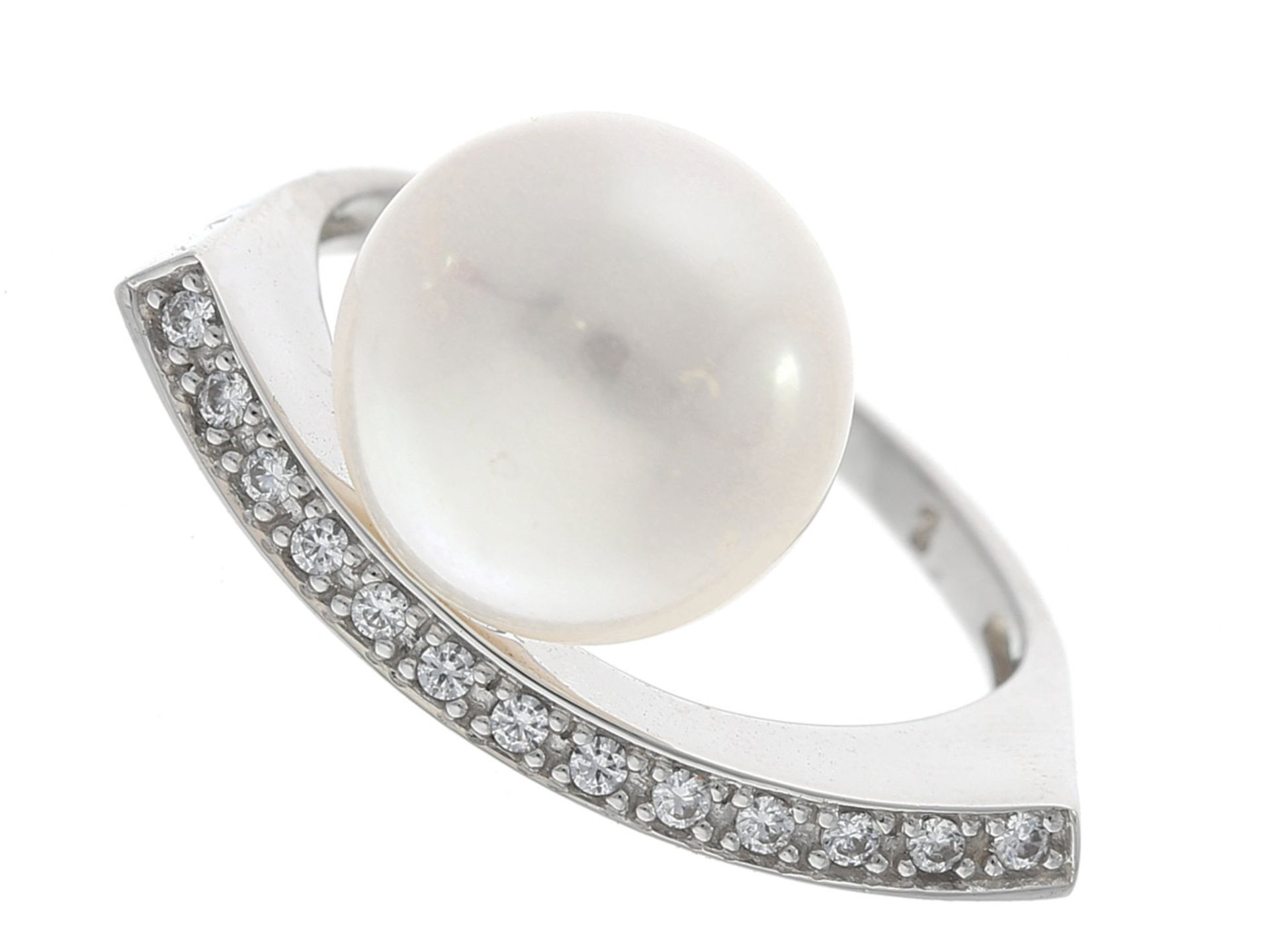 Ring: weißgoldener, moderner Damenring mit Perle und farblosen SteinenCa. Ø16mm, RG51, ca. 3,8g,