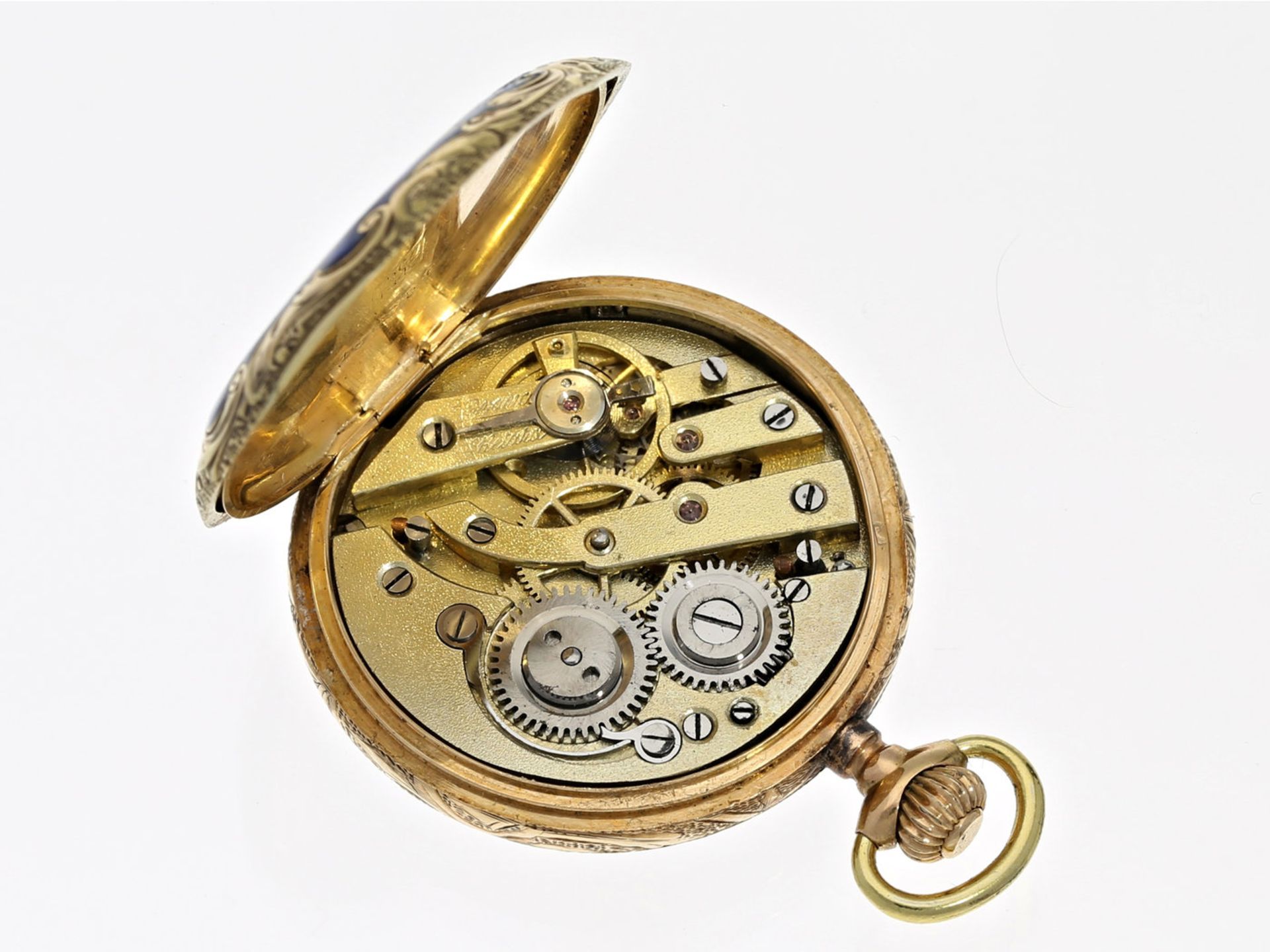 Taschenuhr/Anhängeuhr: sehr seltene Art Nouveau Gold/Emaille-Damensavonnette, um 1900Ca. Ø32mm, - Bild 2 aus 3