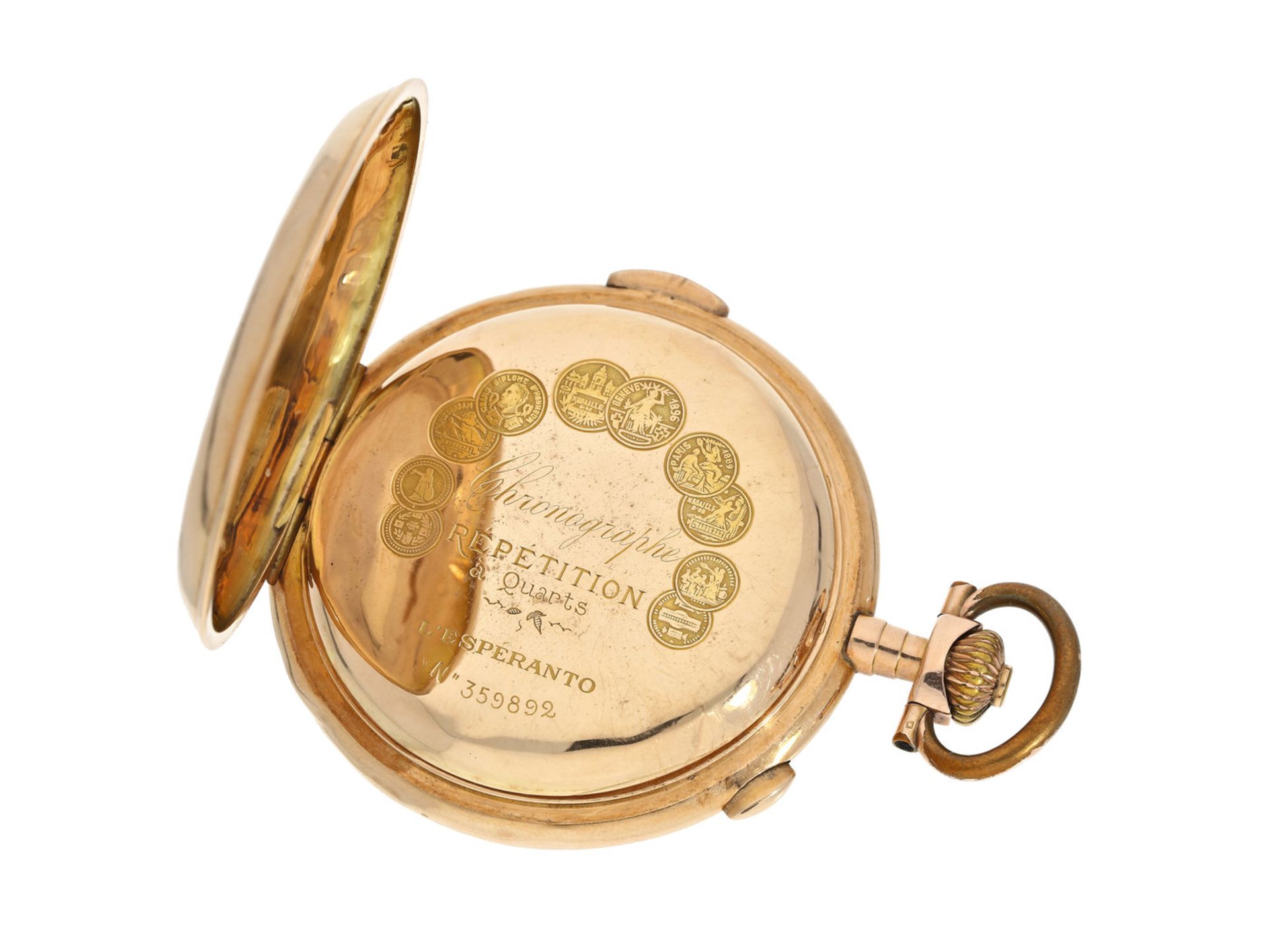 Taschenuhr: besonders große Goldsavonnette mit Repetition und Chronograph Le Phare "L'Esperanto", - Bild 4 aus 4