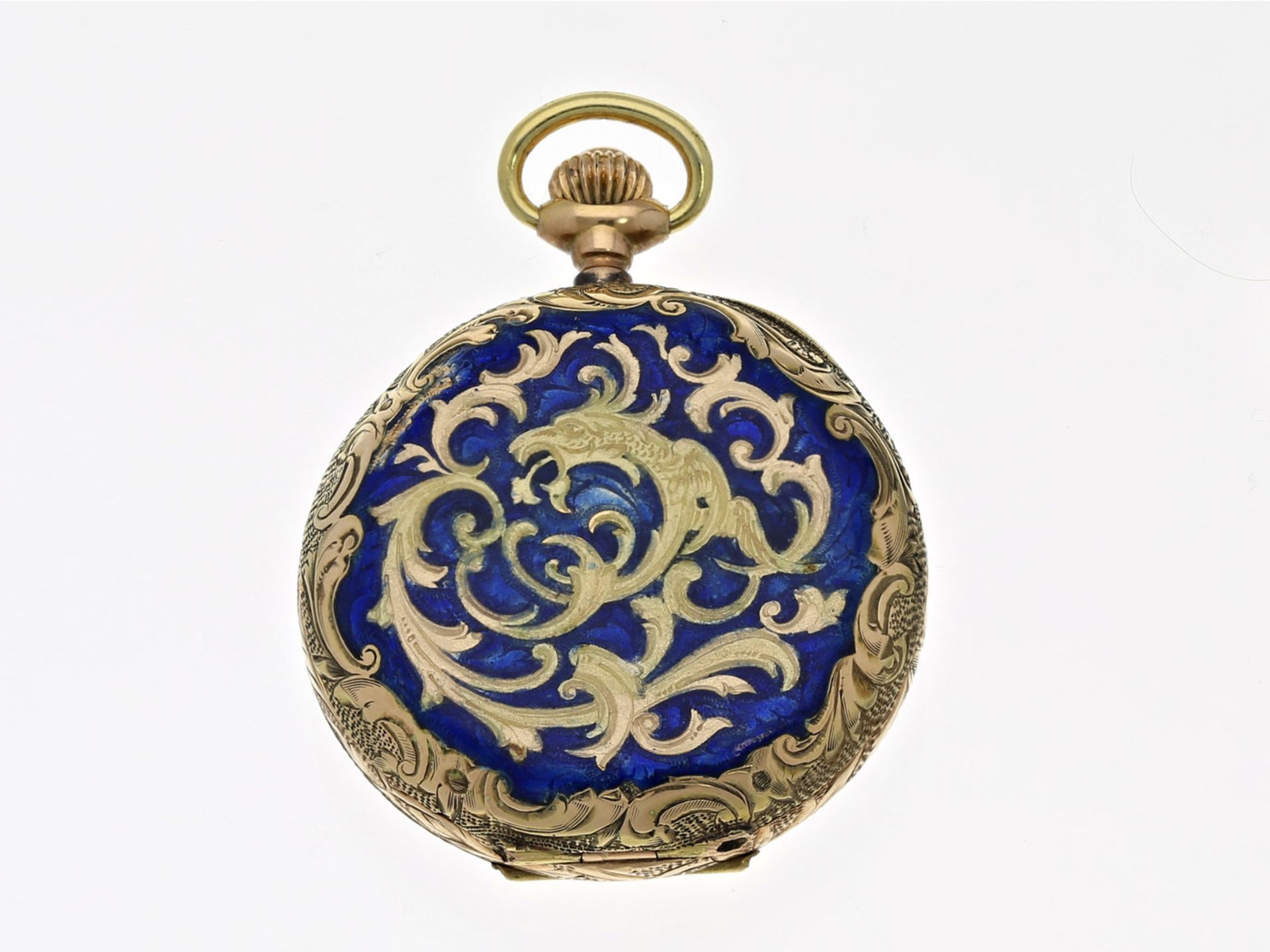 Taschenuhr/Anhängeuhr: sehr seltene Art Nouveau Gold/Emaille-Damensavonnette, um 1900Ca. Ø32mm, - Bild 3 aus 3